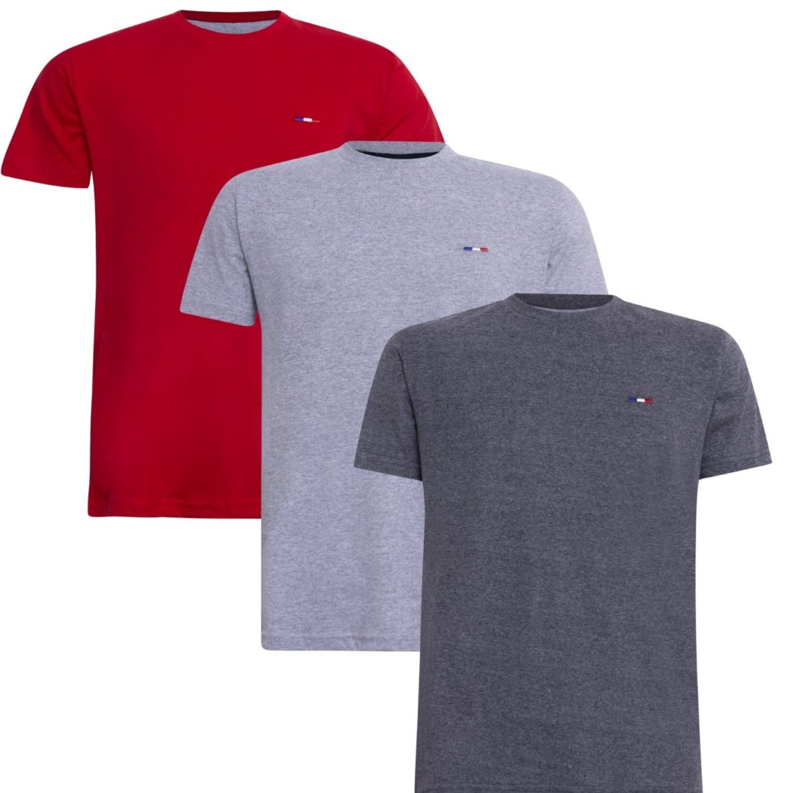 Kit 3 Camisetas Básicas Masculina em Algodão Premium Bordado França Multicolorido