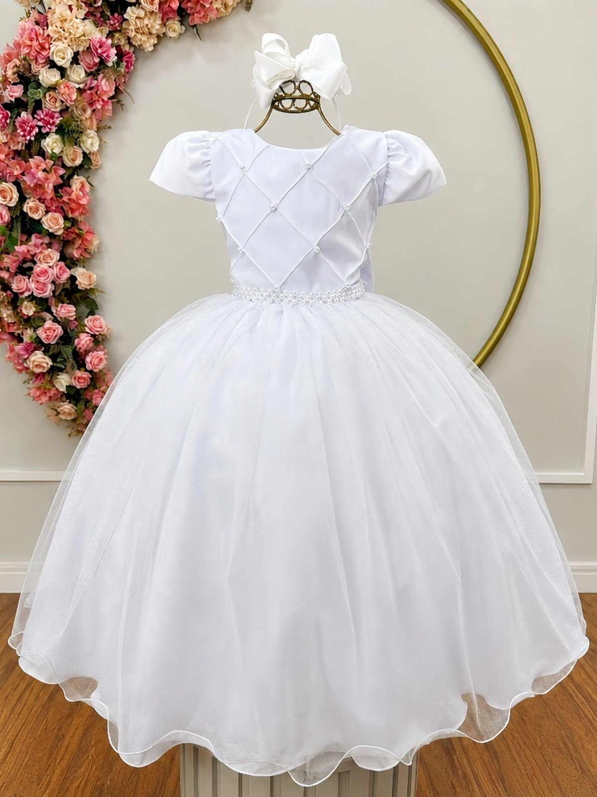 Infantil - Vestido Longo Festa Branco Pérolas Formatura Casamento Noivinha Princesa Social Rodado Florista Dama Daminha Aniversário Luxo Menina Juvenil
