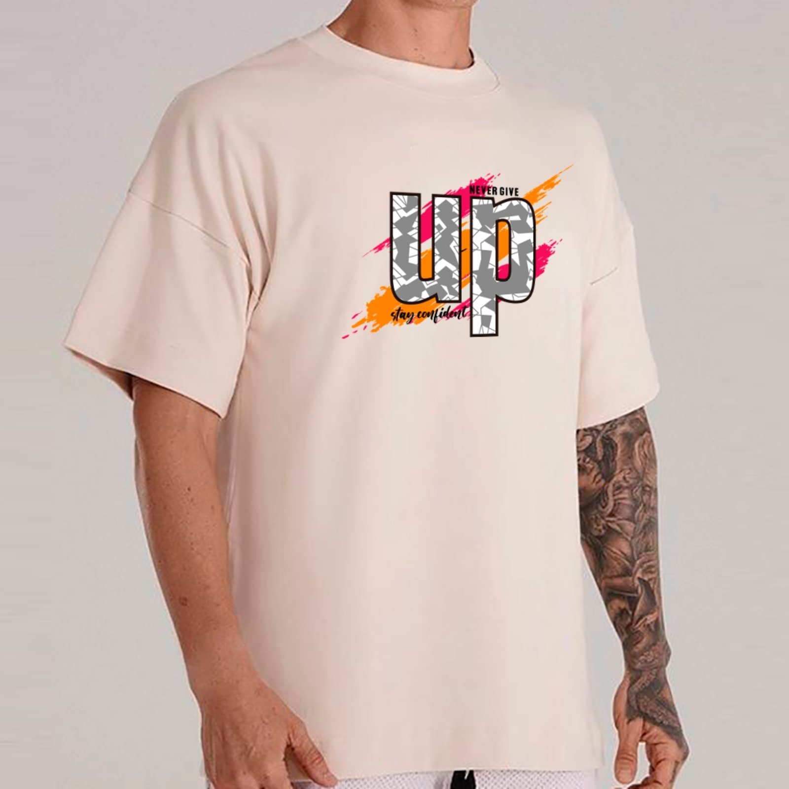 Camiseta Ousy Unissex Never Give Up Stay Confident Básica Off White