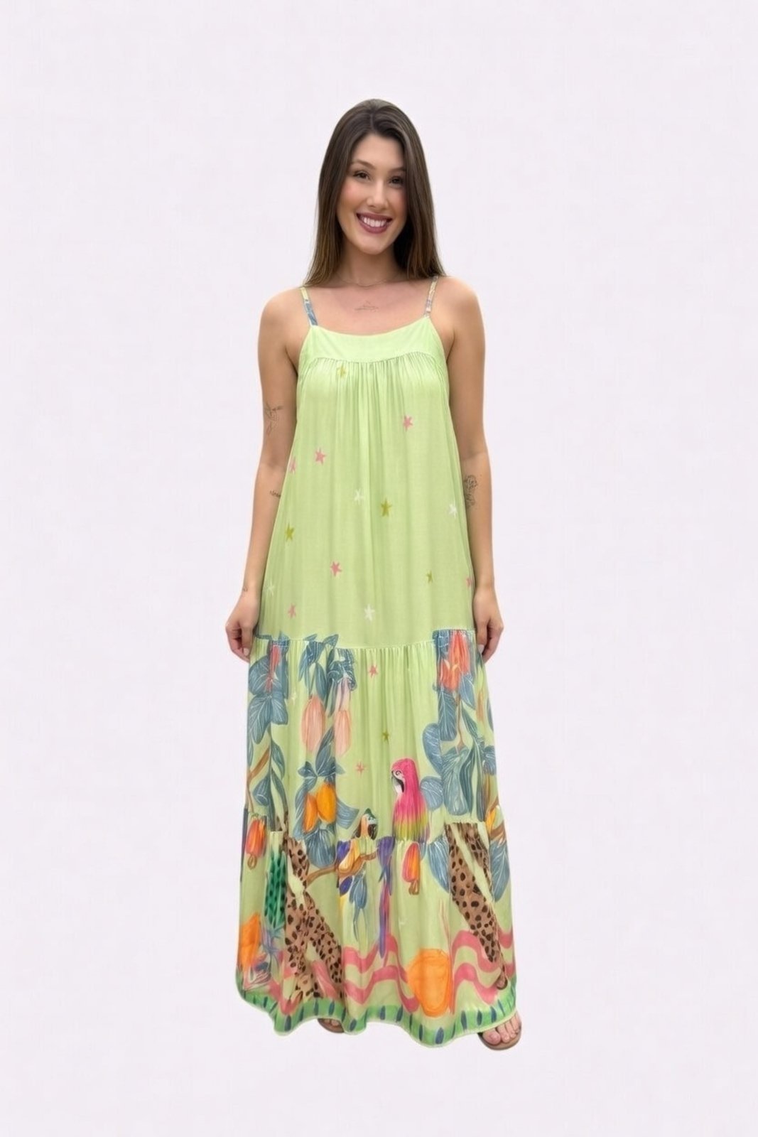 Vestido Longo D Bell Outlet Fashion Alcinha Estampado Verde