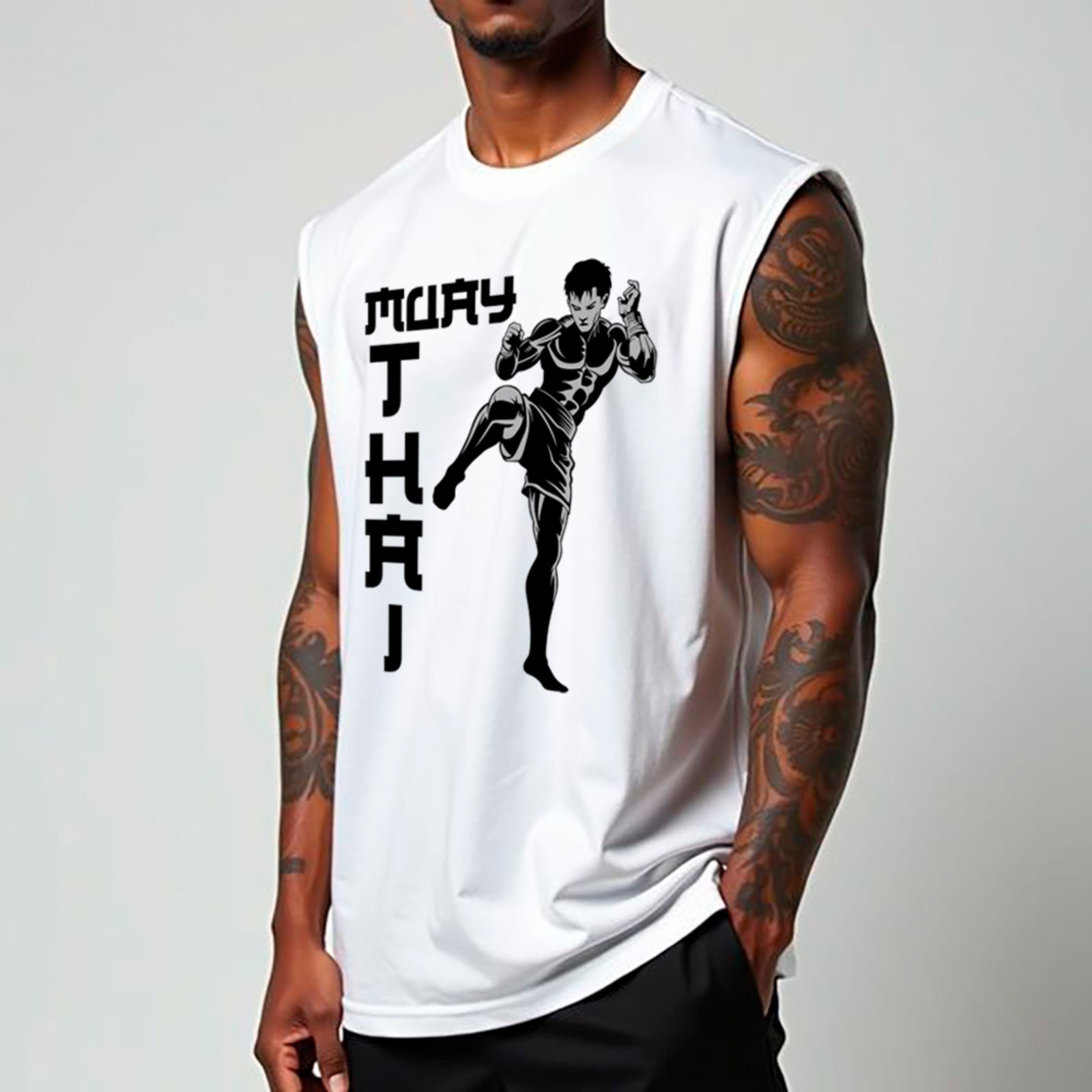 Camiseta Regata Machão Ousy Muay Thai Minimalista Oversized Masculina Branco