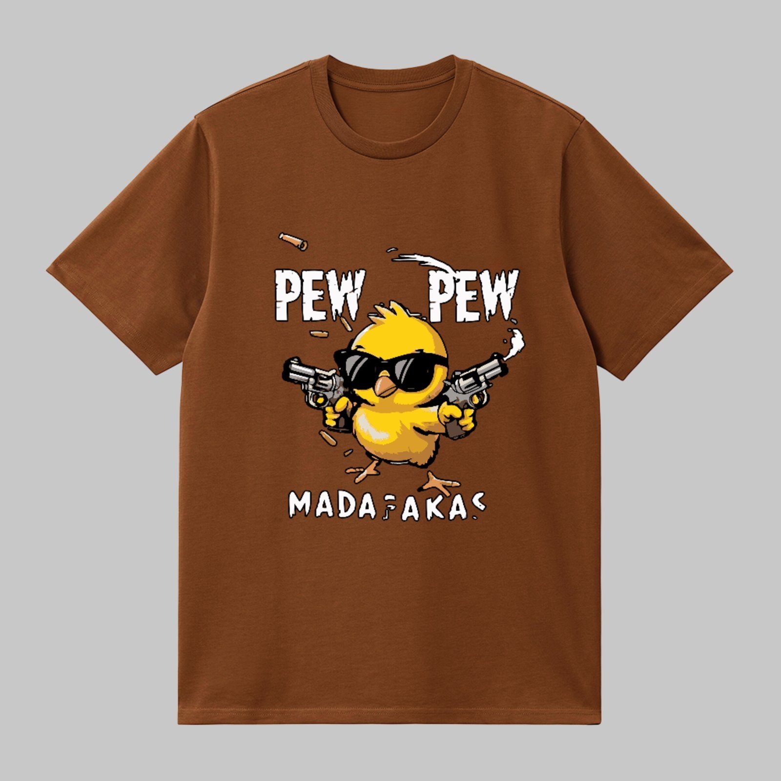 Camiseta Básica Pintinho Pew Pew Humor Madafaka Unissex Marrom