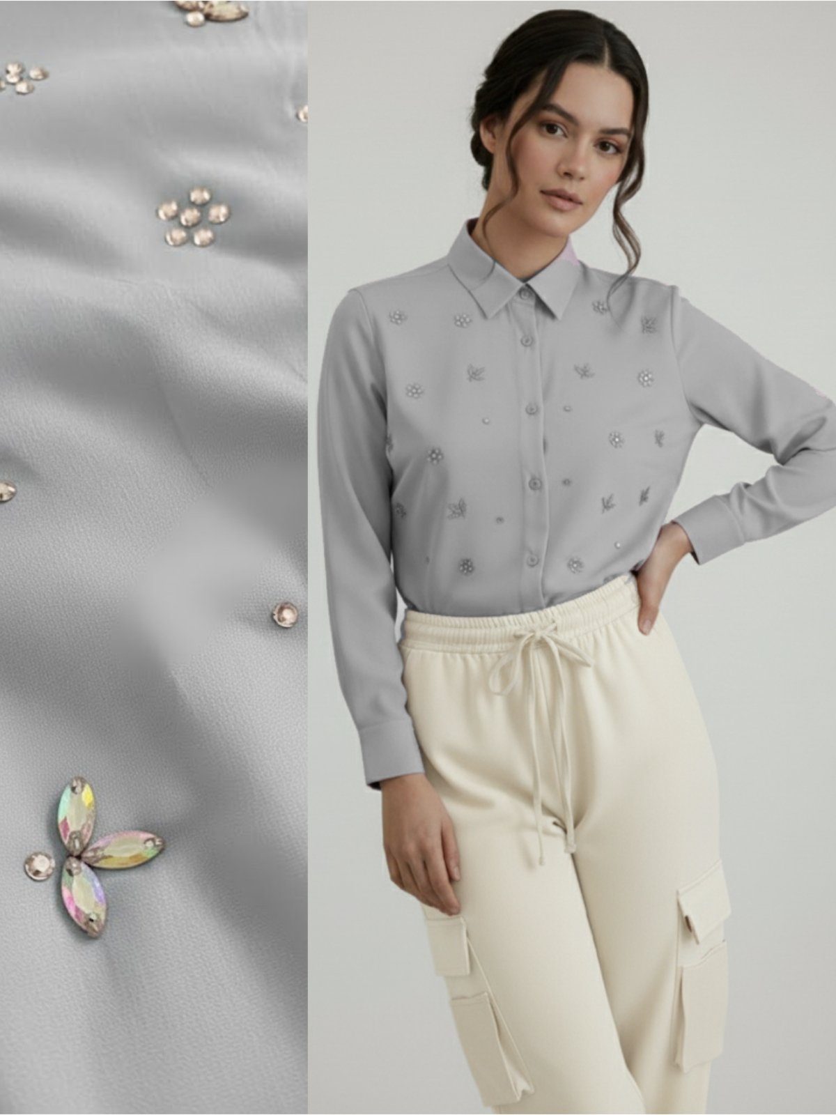 Camisa Social Feminina com Strass Variados Furta-cor Cinza Blusa de Luxo Manga Longa Elegante