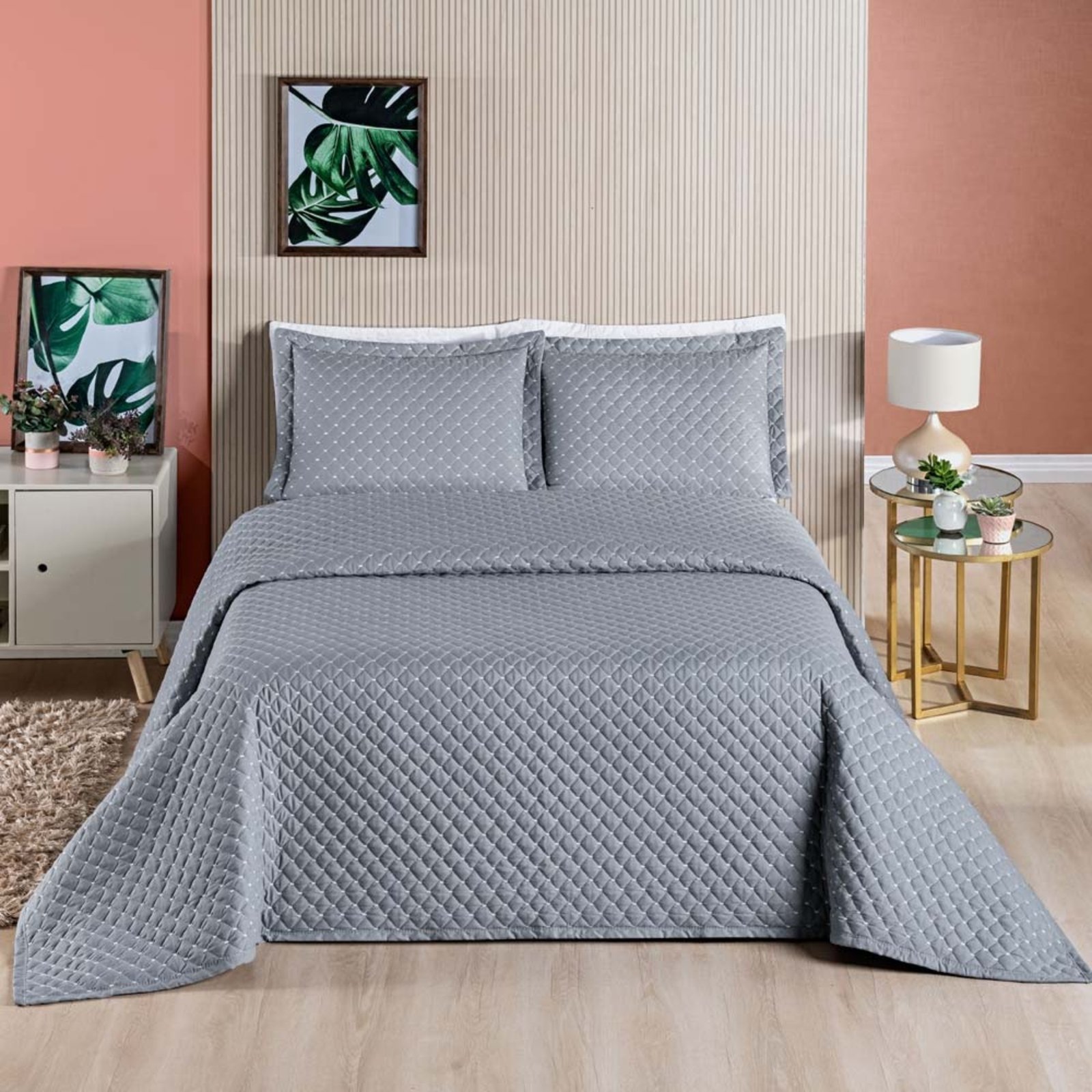 Kit Cobre Leito Colcha Casa Scarpa Vênus King Dupla Face Micropercal 200 Fios Liso 3 Peças - Cinza