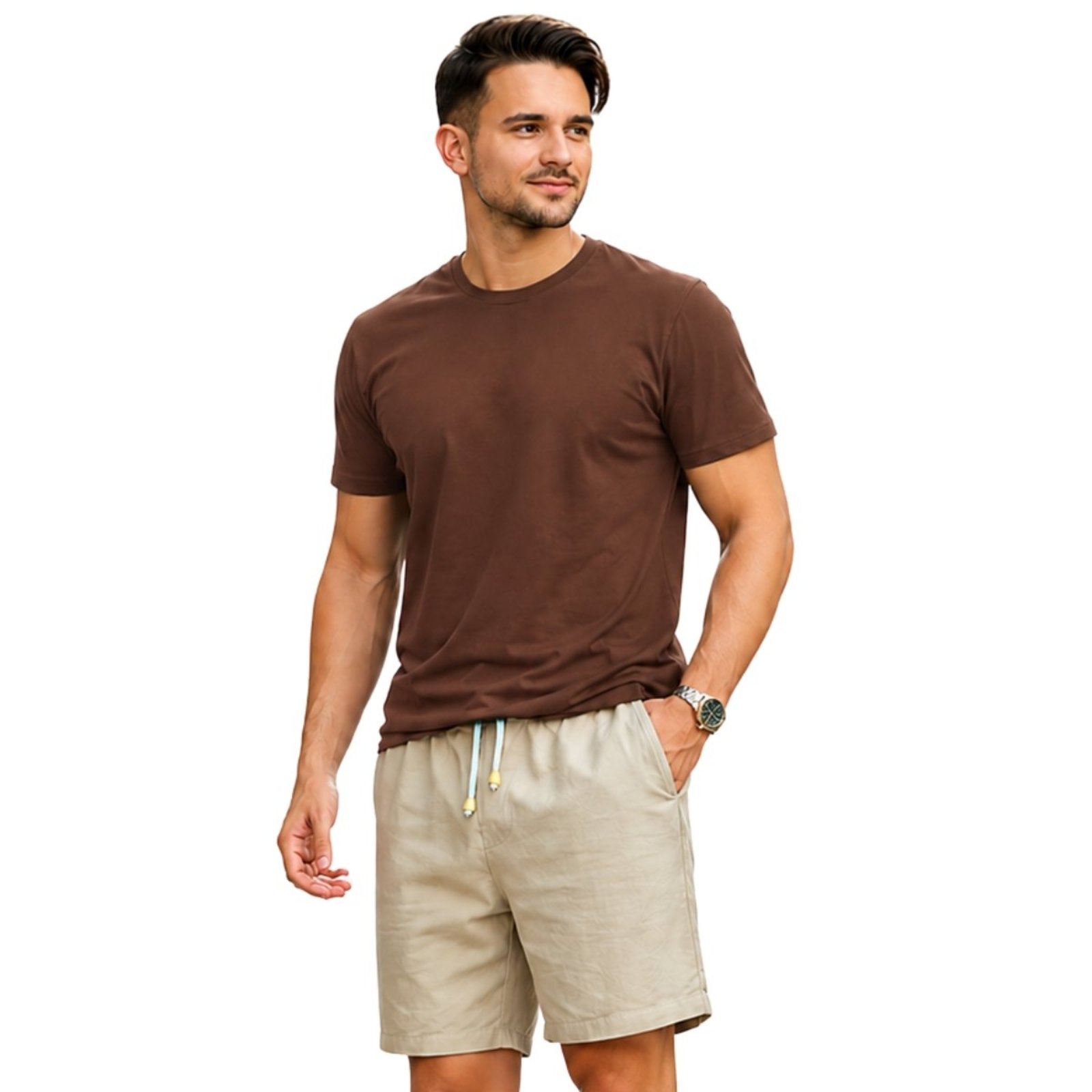 Conjunto Short Masculino Bermuda Linho Premium + Camiseta Basica Moda Sofisticada