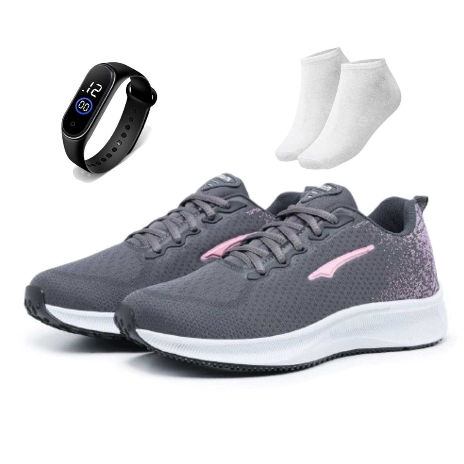 Kit Tênis Casual Feminino Esportivo Ortopédico Macio Para Academia Treino Grafite Pink + Meia e Relógio