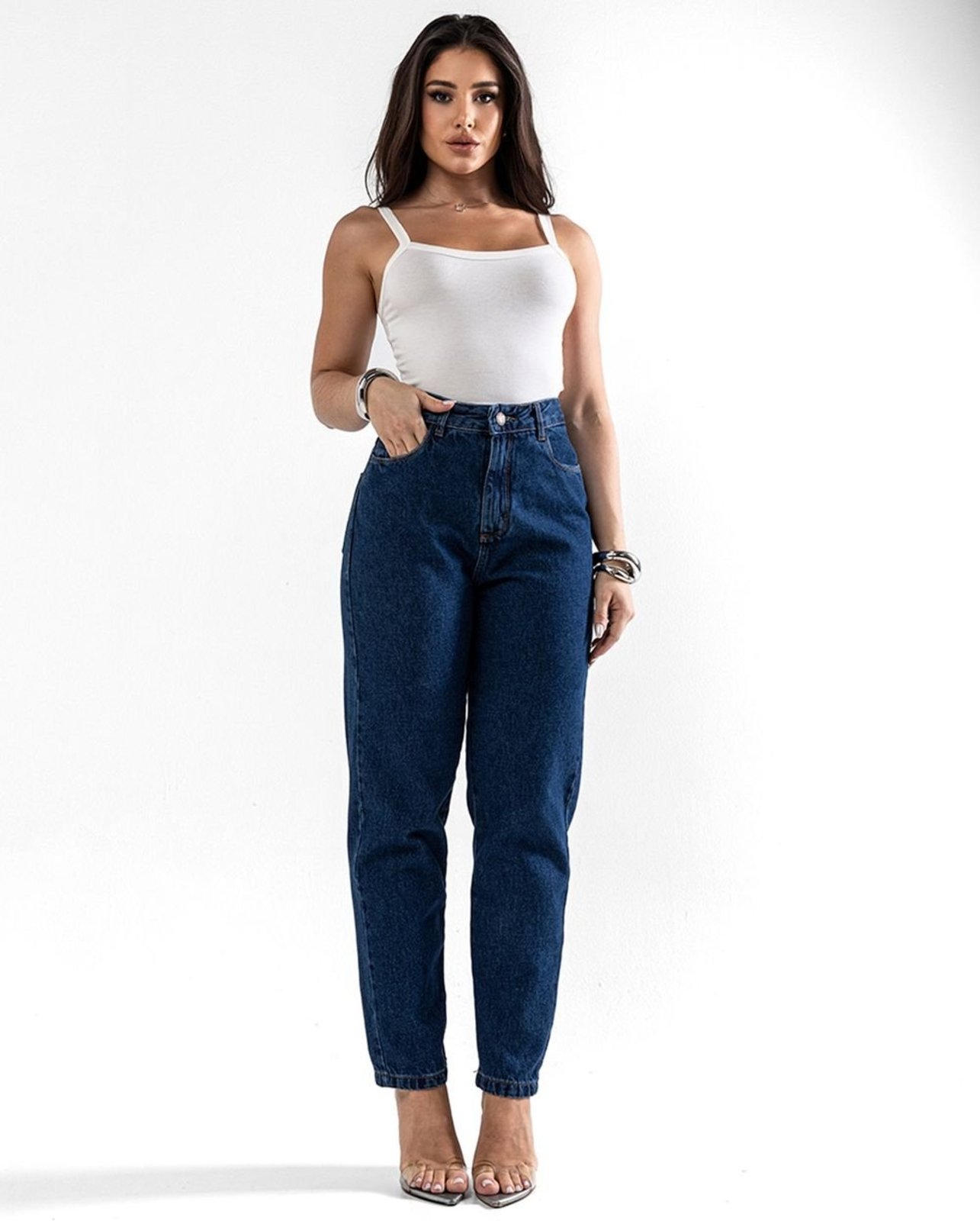 Calça Jeans Mom Feminina Cintura Alta Algodão 00101 Escura Consciência
