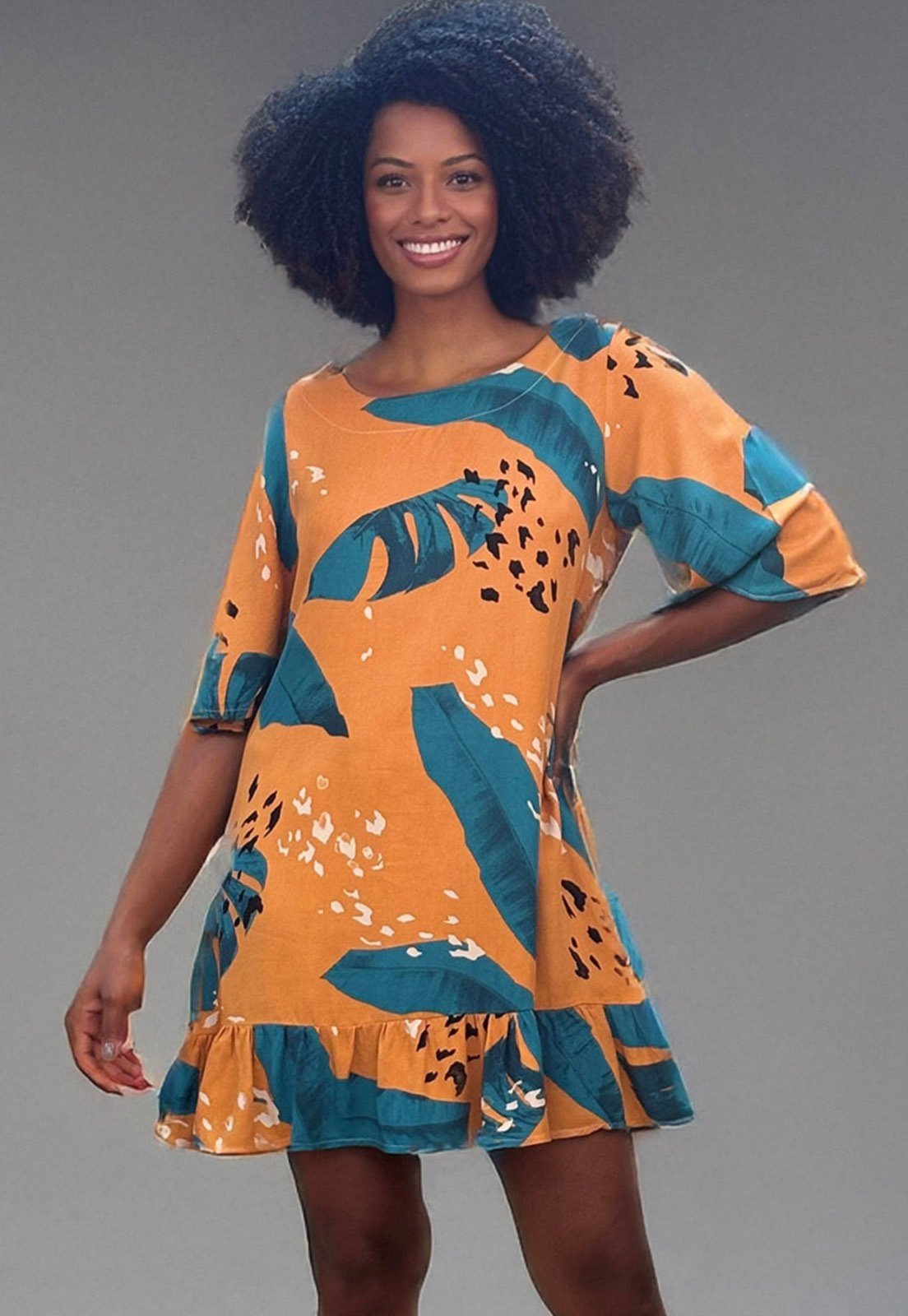 Vestido Amazonia Vital Curto Viscose Estampa Aurora Botânica