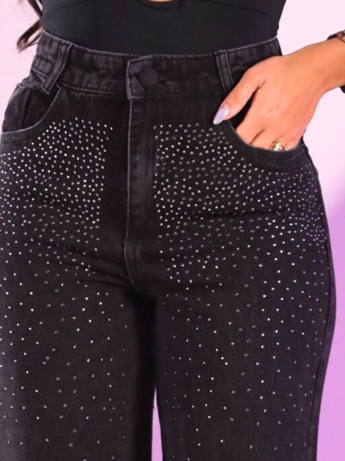 Calça Donna De Paula Wide Leg Cinza Grafite Com Brilhos E Strass Cintura Alta