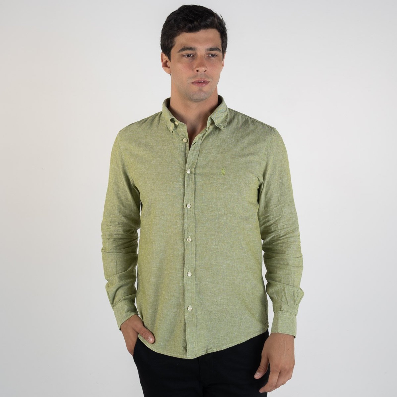 Camisa RL Linho Custom Fit Verde Monocromática