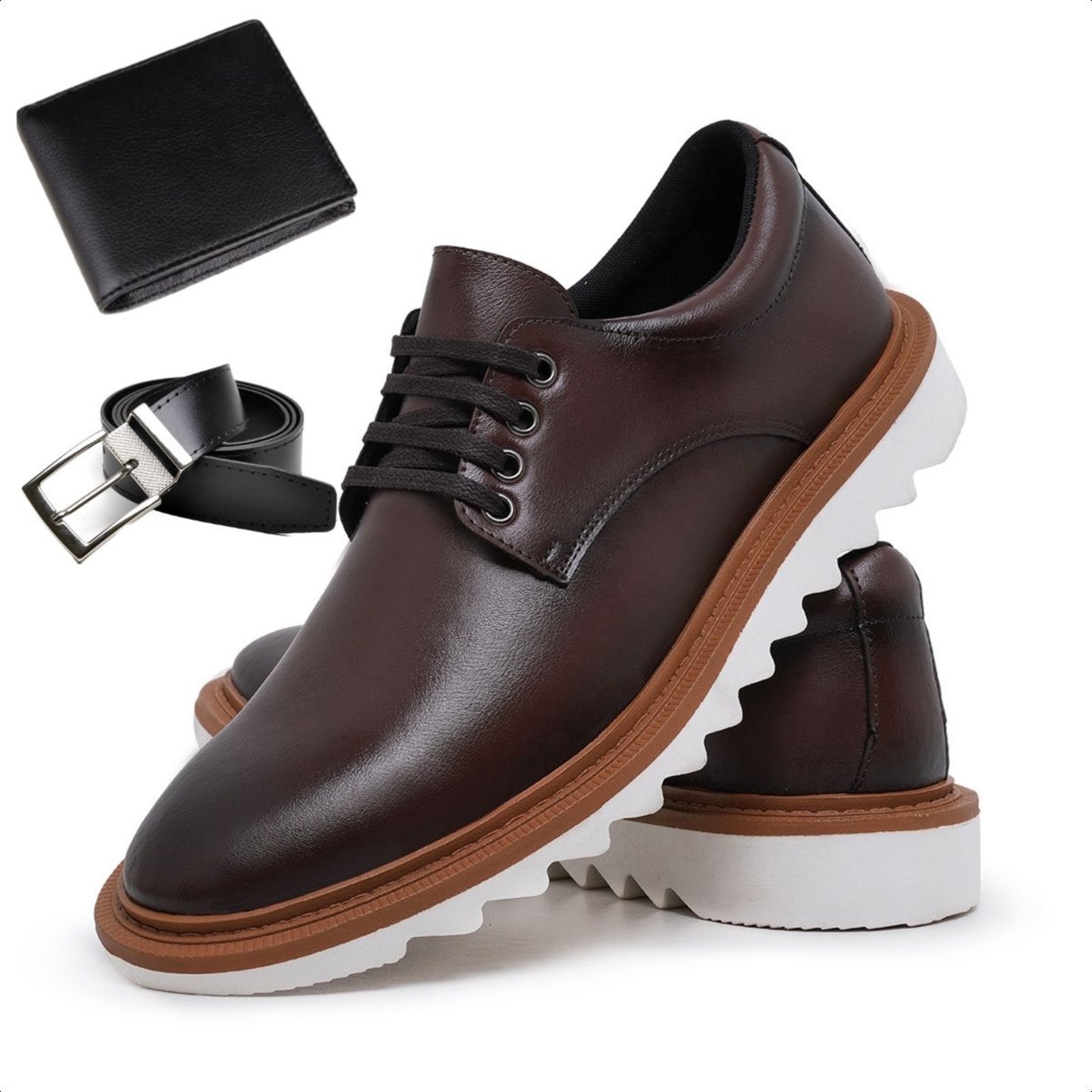Kit Sapato Social Masculino Derby Casual Solado Tratorado + Cinto e Carteira Marrom