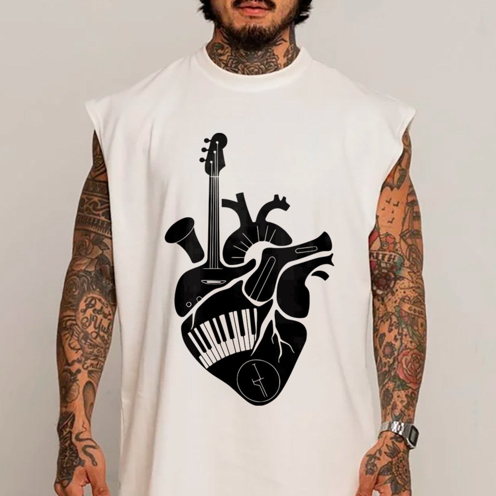 Camiseta Regata Machão Music Heart Guitar Piano Sax Street Branco