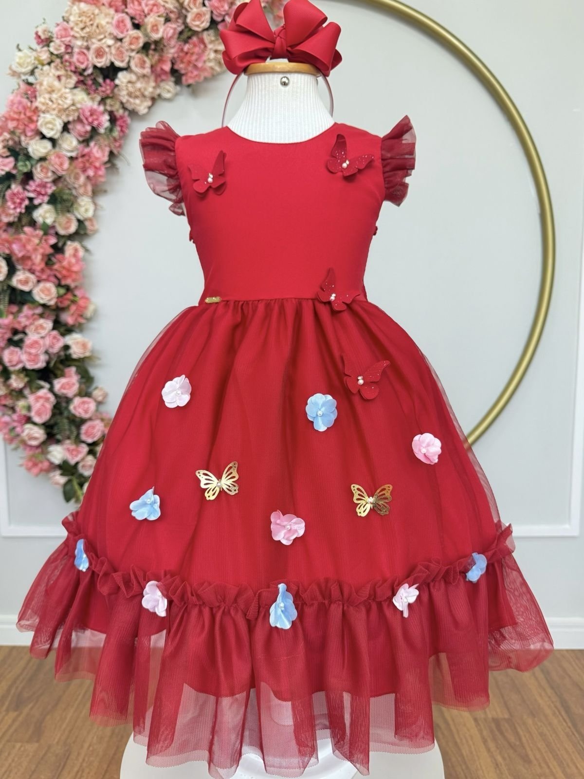 Infantil - Vestido Festa Vermelho Formatura Florista Casamento Borboletas Flores Dama Daminha Social Menina Juvenil Pérolas Princesa Rodado Aniversário Luxo