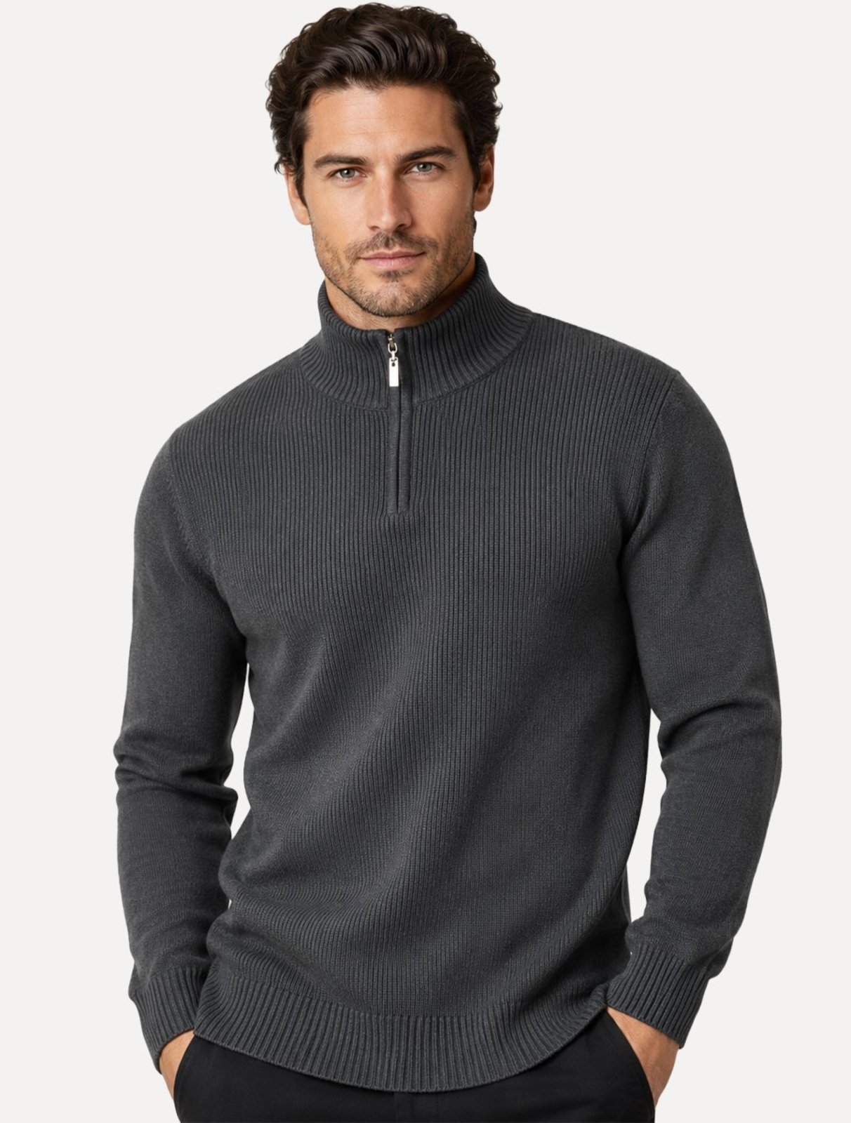 Suéter Dixen Masculino Tricot Straights Half-Zip Gola Alta Cinza Chumbo