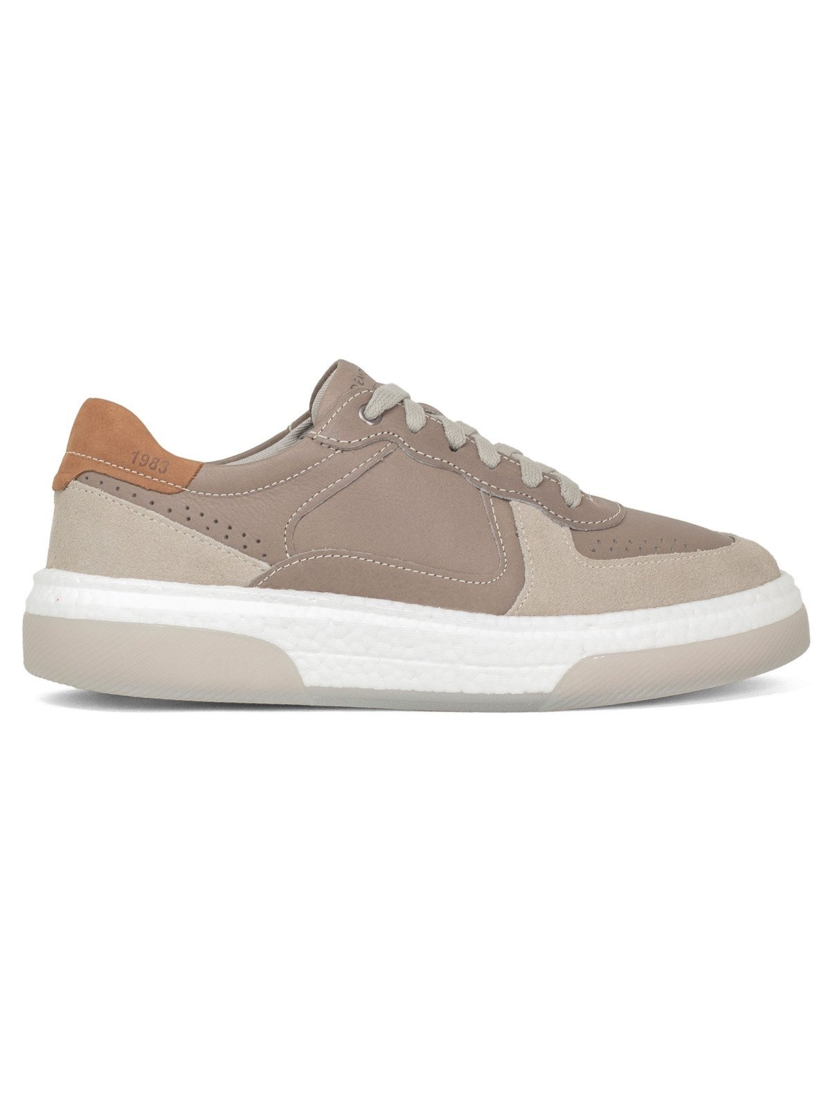 Tênis Democrata Masculino Casual Beat Pulse Couro Confortável Cadarço de Amarrar Bege Off White
