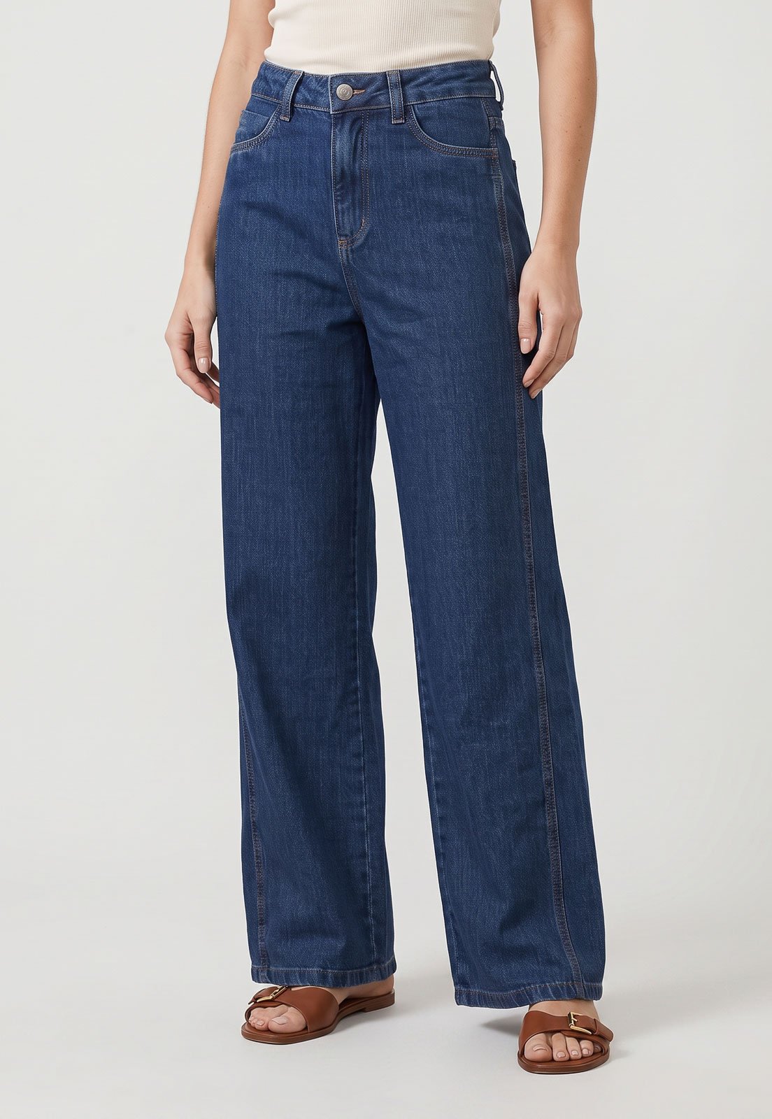 Calça Jeans Feminina Sawary Wide Leg Cintura Alta Azul