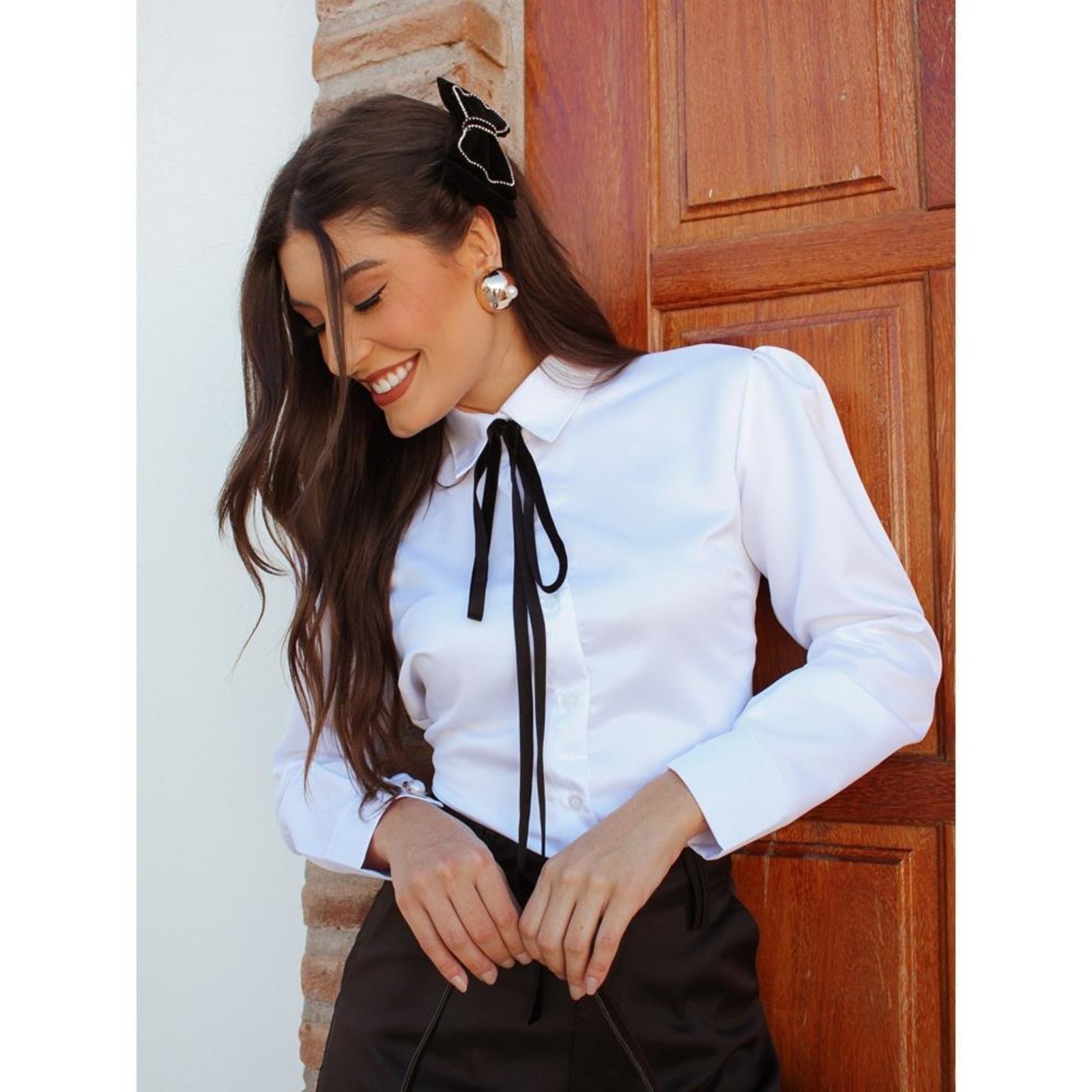 Vista 3 Camisa Feminina Cetim com Laço Veludo Manga Longa TEODORO CAMISARIA branco TEODORO CAMISARIA branco