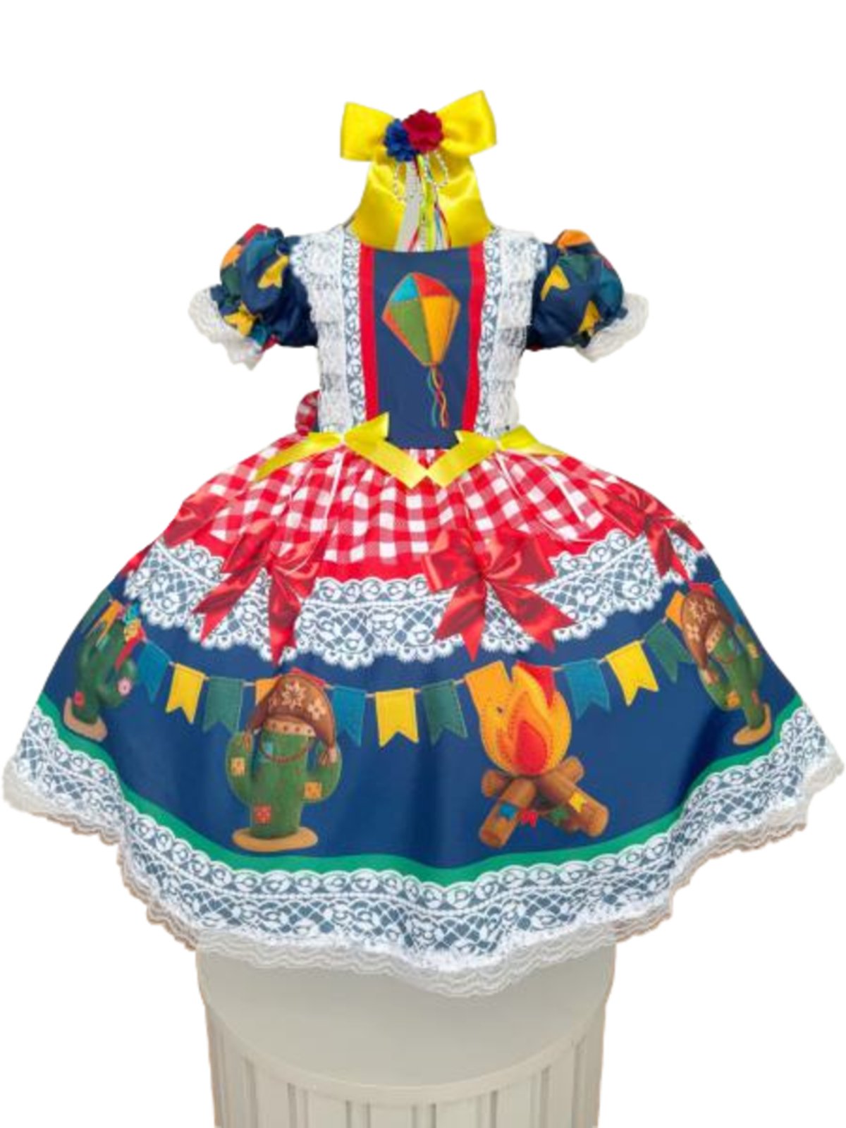Infantil - Vestido Festa Junina Azul Vermelho Xadrez Balão Fogueira Renda Junino Caipira Quadrilha