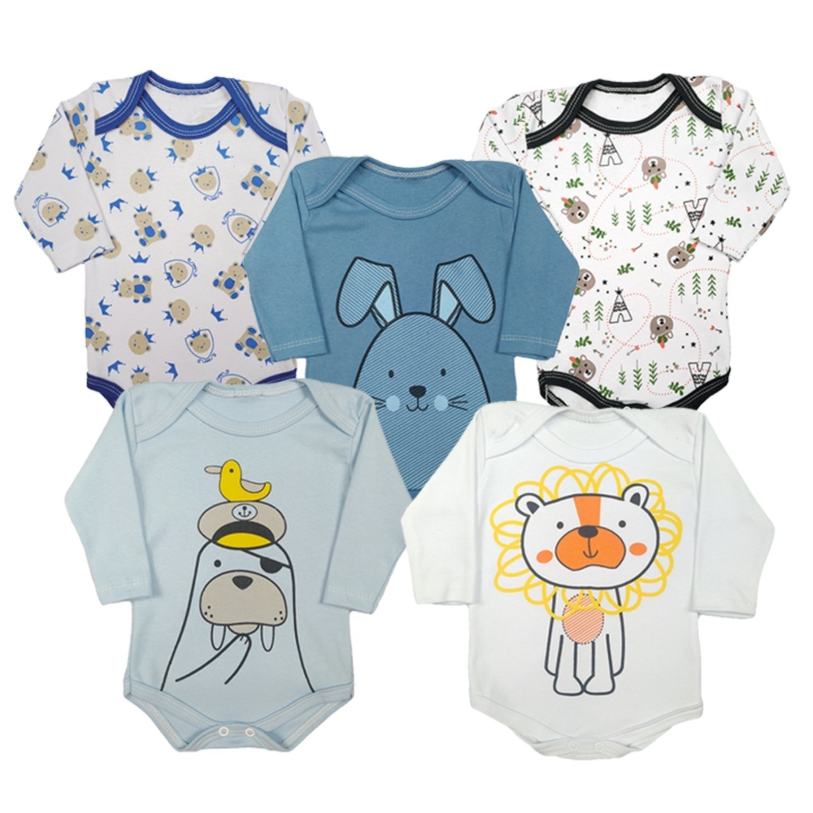 Infantil - Kit 5 Body Estampado Manga Longa Azul