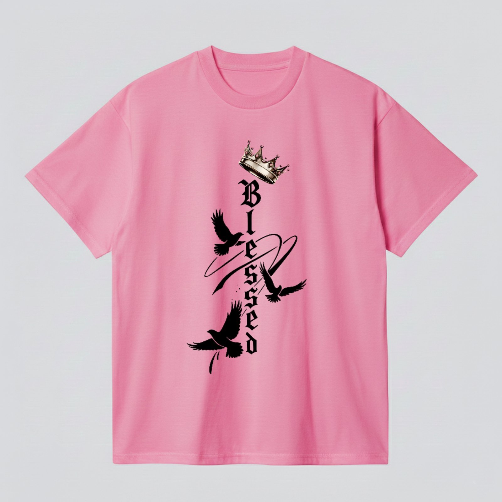 Camiseta Básica Blessed Coroa Pombas Fé Cristã Style Rosa