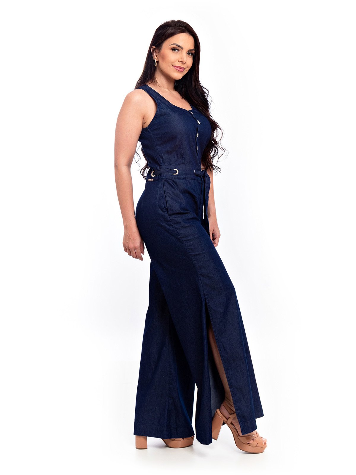 Vista 2 Macacão Pantalona Restrito Jeans Sem Mangas Escuro azul Restrito Jeans azul