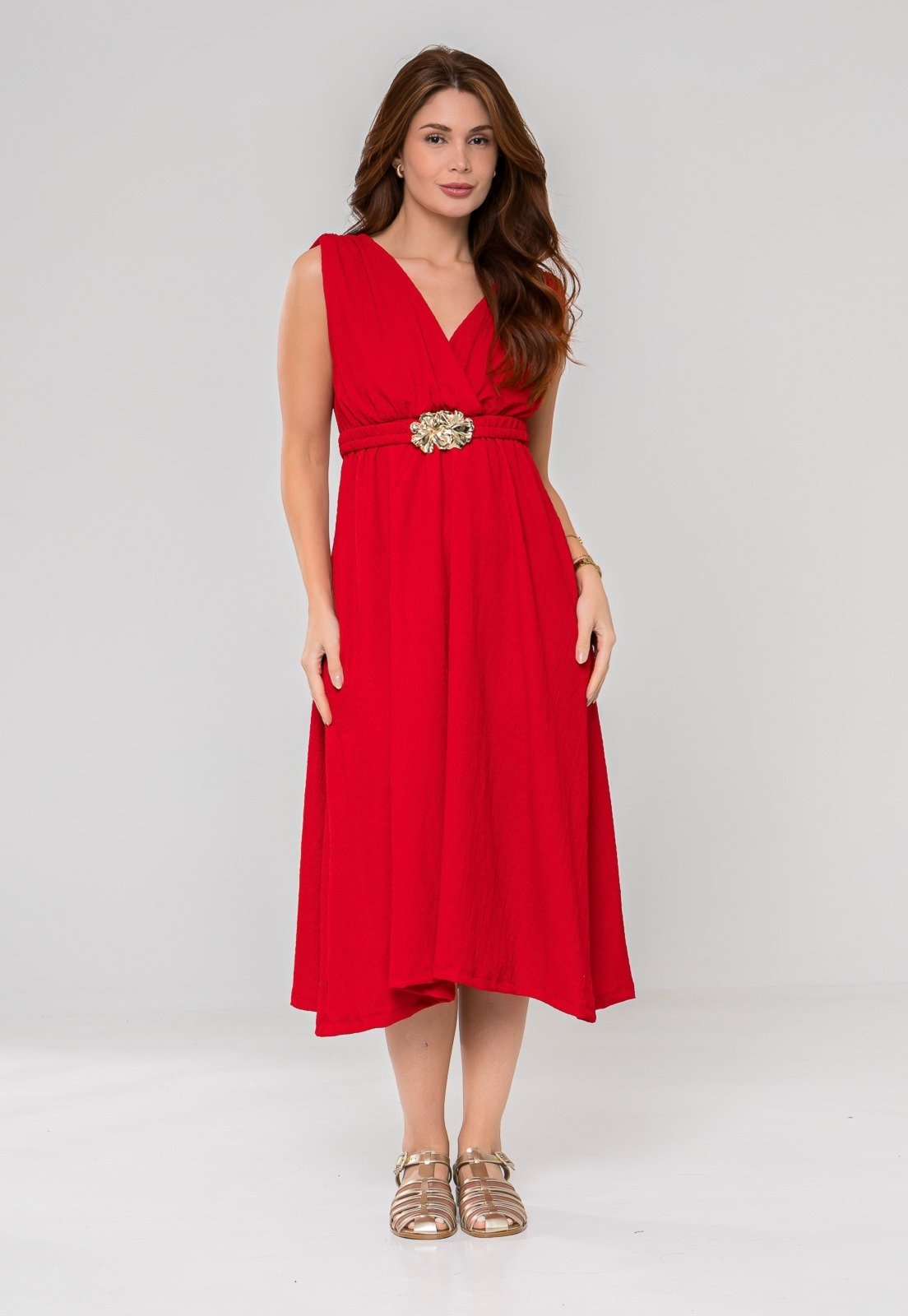 Vista 2 Vestido Aura Eva Cinto Malha Creponada vermelho Aura vermelho
