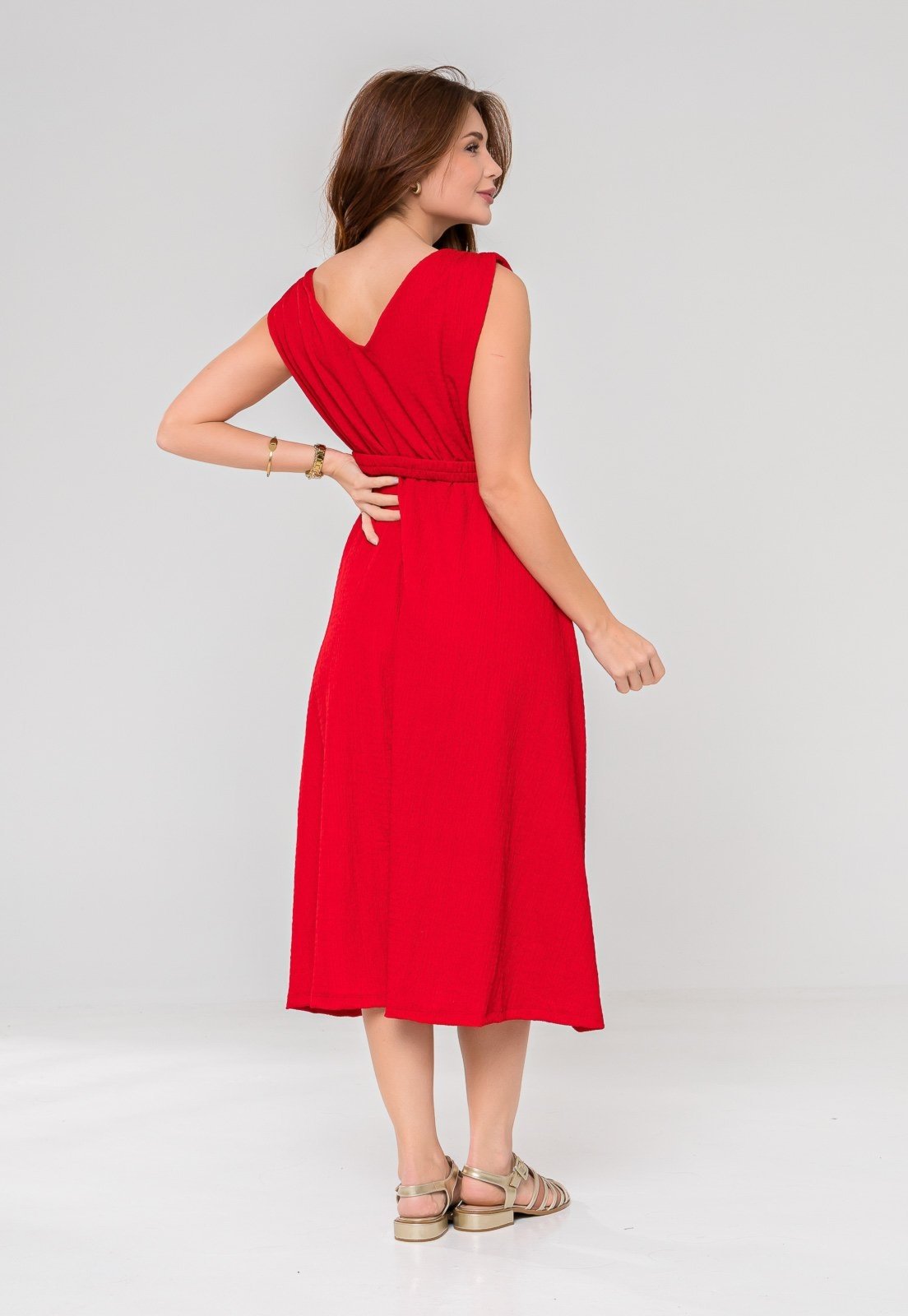 Vista 3 Vestido Aura Eva Cinto Malha Creponada vermelho Aura vermelho