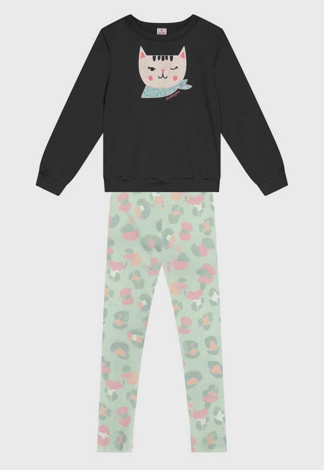 Infantil - Conjunto Brandili Blusa Gato e Calça Estampada Preta