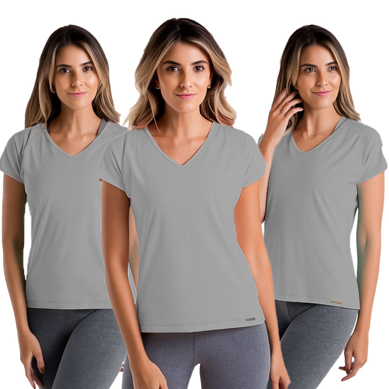 Kit 3 Camisetas Femininas Básicas Gola V Cinza Viscolycra