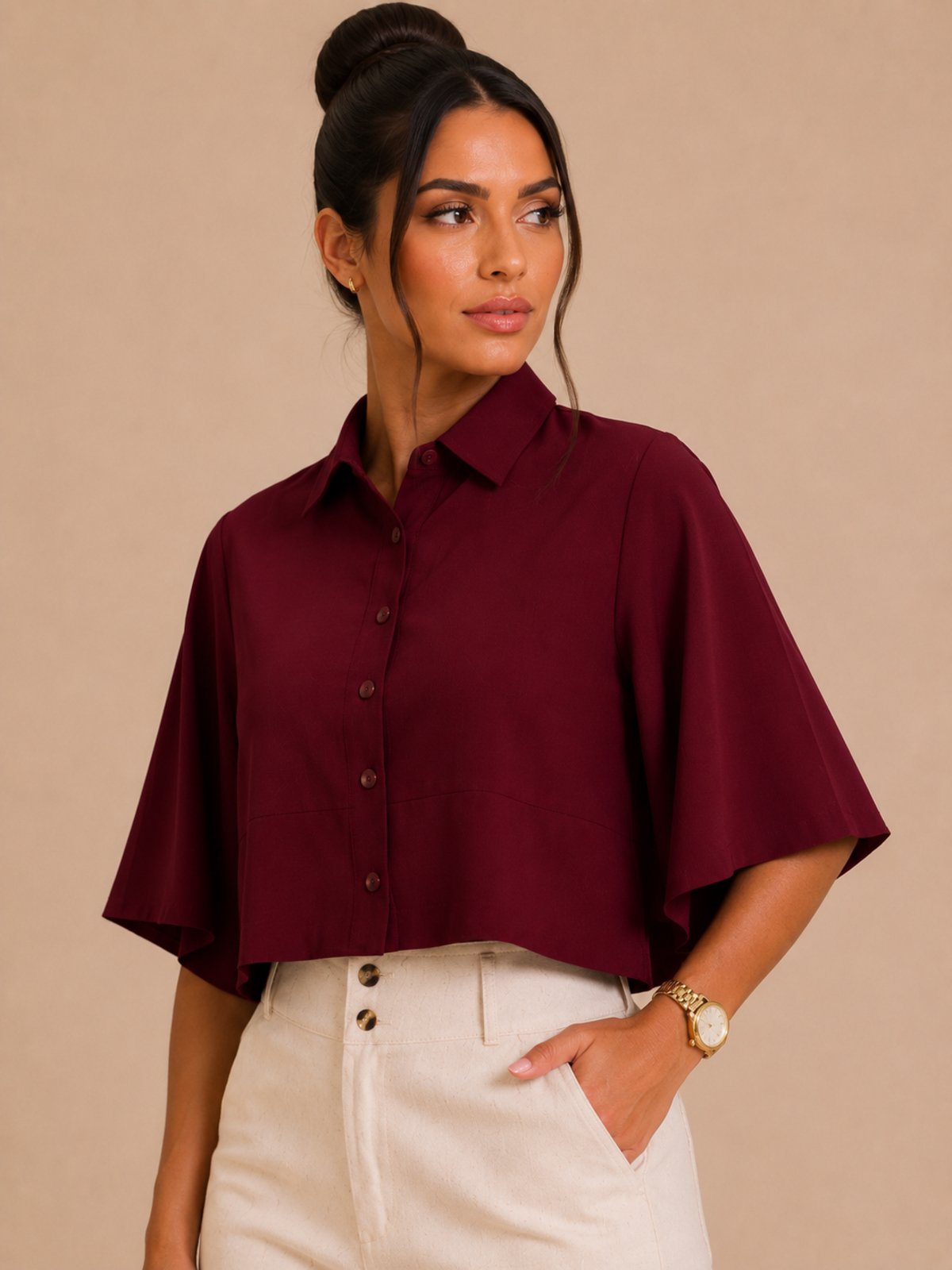 Camisa Feminina Lapetry Cropped Manga Sino Vinho