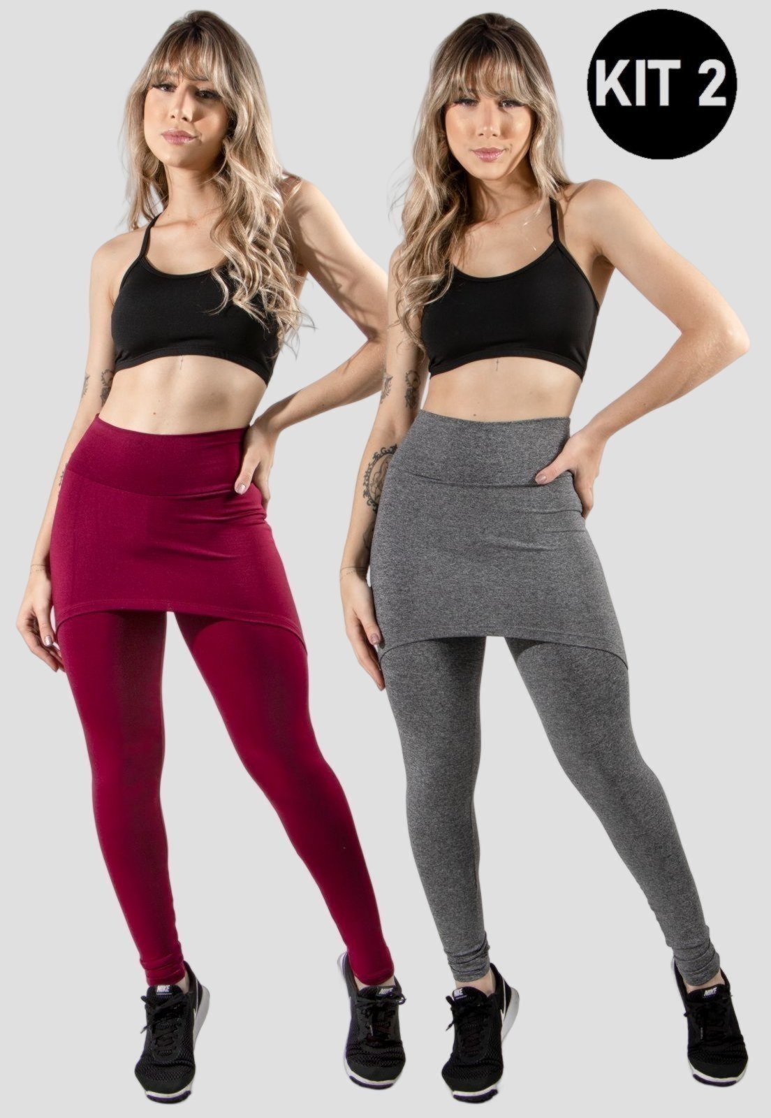 Kit 2 Calças 4 Estações Legging Saia Lisa Feminino Academia Fitness Malhar Cinza/Vinho