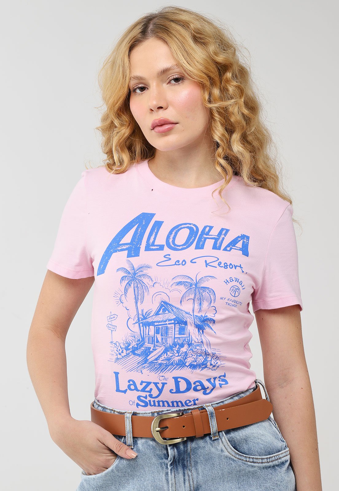 Camiseta Feminina My Favorite Baby Look Aplicação Rosa Claro