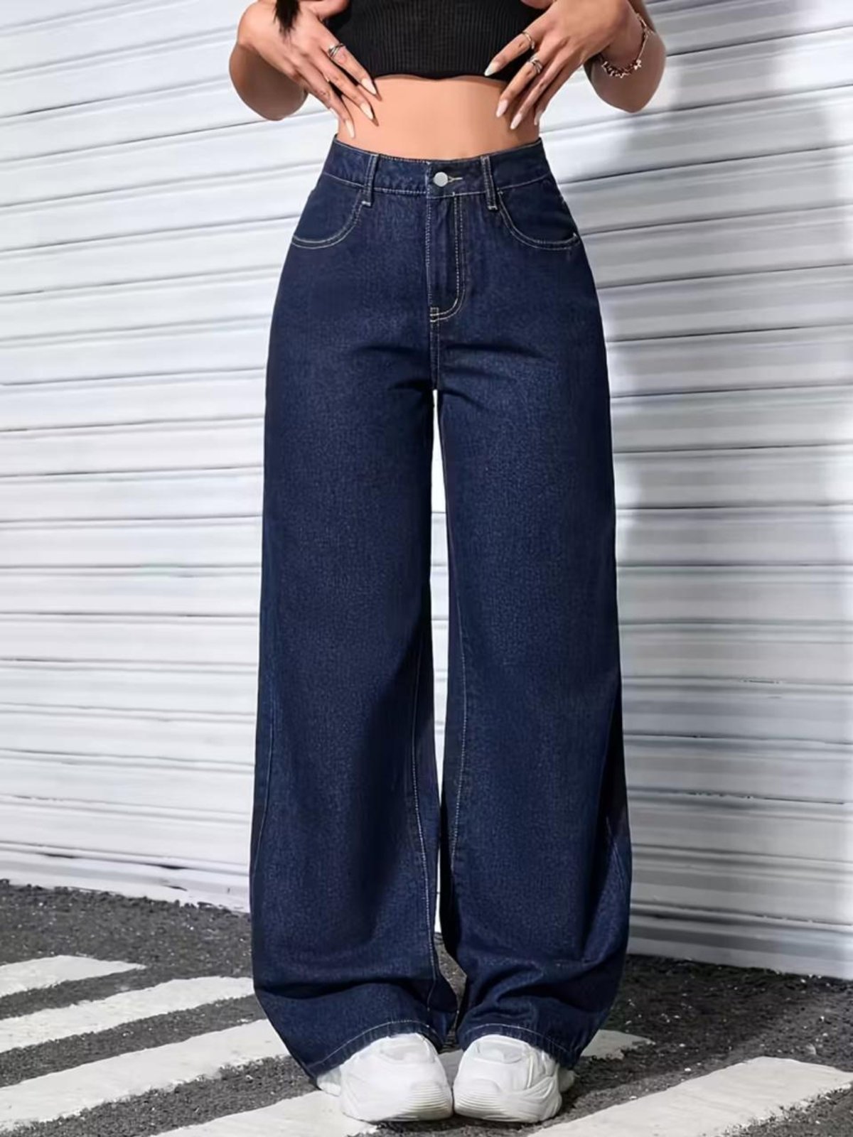 Calça Wide Leg Azul Marinho Alpha Street Wear Elegância e Conforto em Um Só Look