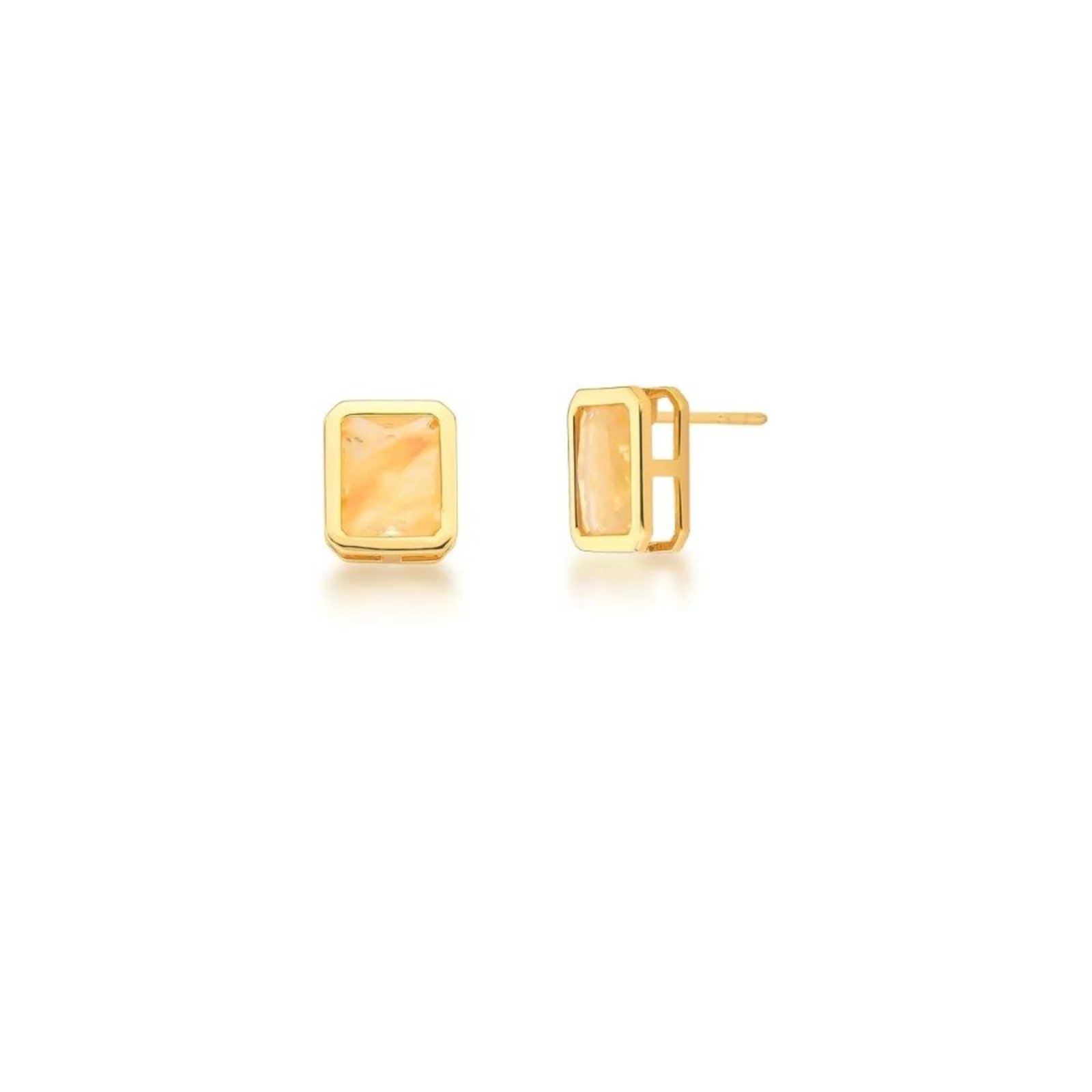 Infantil – Brinco Retângulo Pedra Quartzo Rutilado Semijoia Banhado a Ouro 18K Ania Store