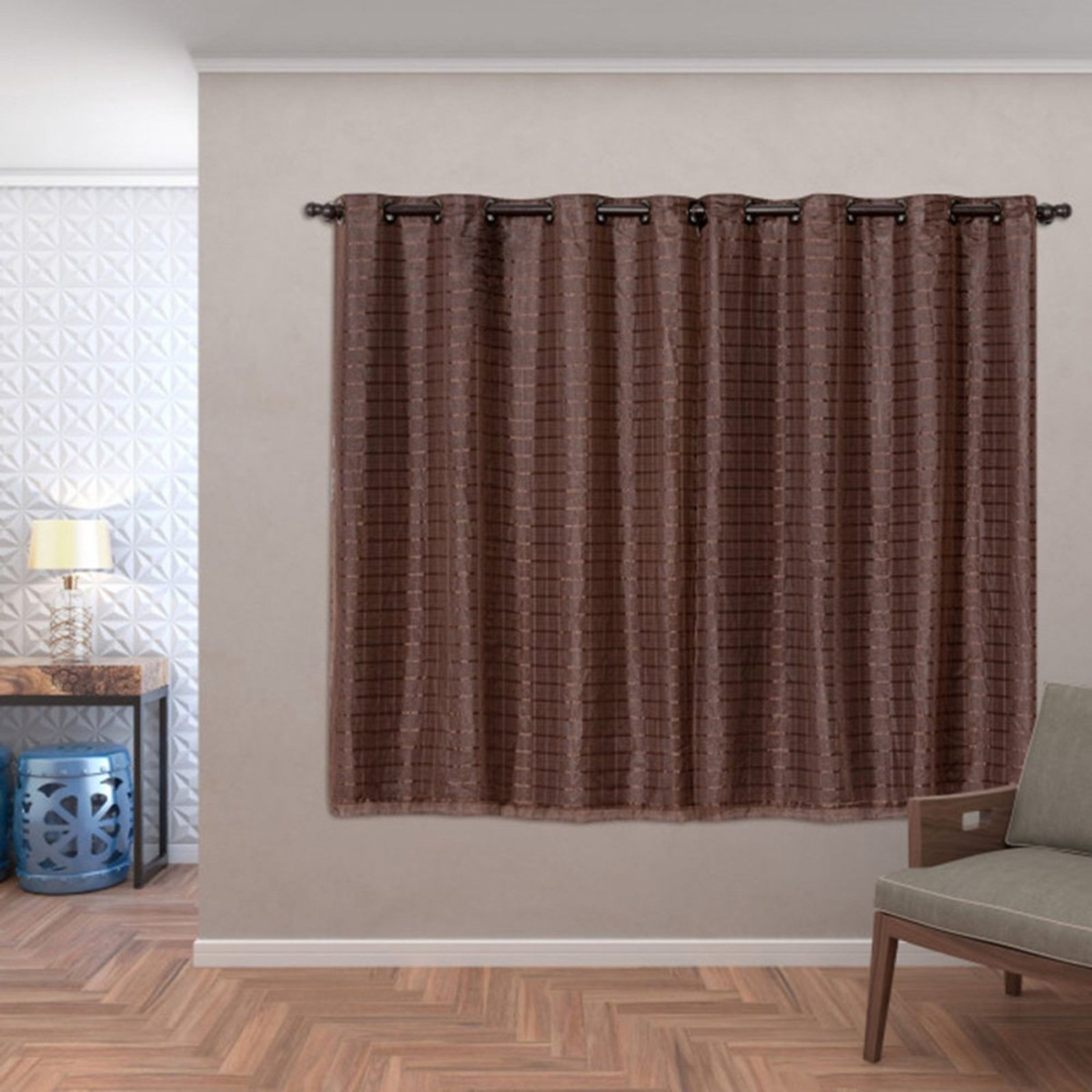 Cortina Daily Varão 2M Blackout PVC Com Voil Xadrez 2,80mx1,60m Sala Quarto Marrom