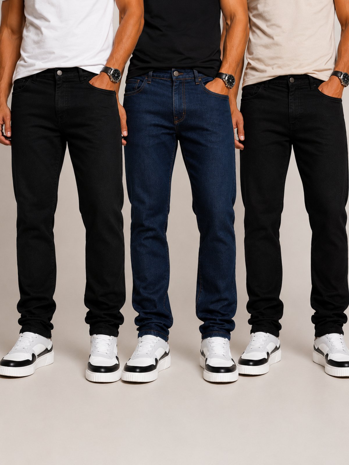 Kit 3 Calças Jeans Masculinas TEX JEANS Conforto Premium Preta Azul Escura