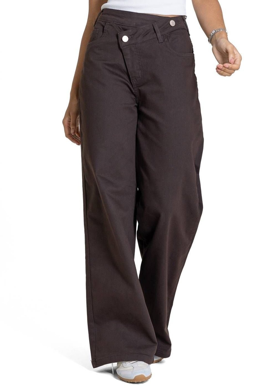 Calça Sarja Sawary Wide Leg Petit t Cós Transpassado - 283878 - Marrom - Sawary
