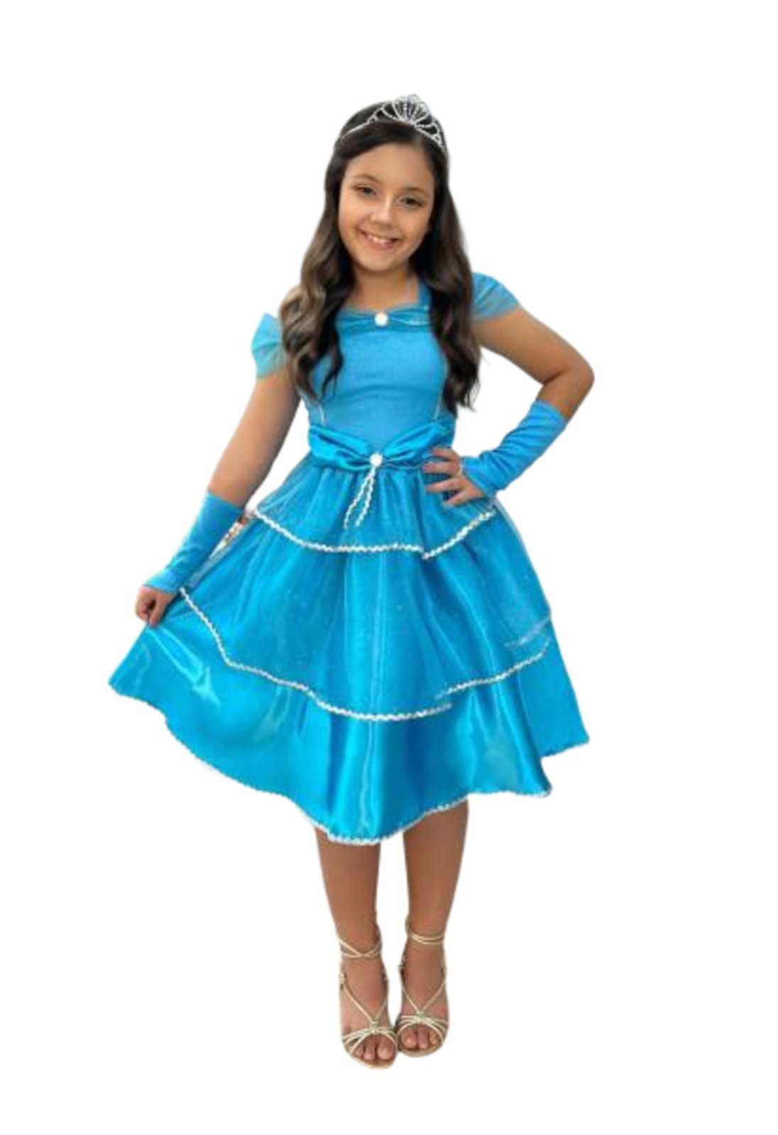 Infantil - Vestido Fantasia Princesa Azul com Luvas Luxo Menina Carnaval Festa Aniversário Juvenil