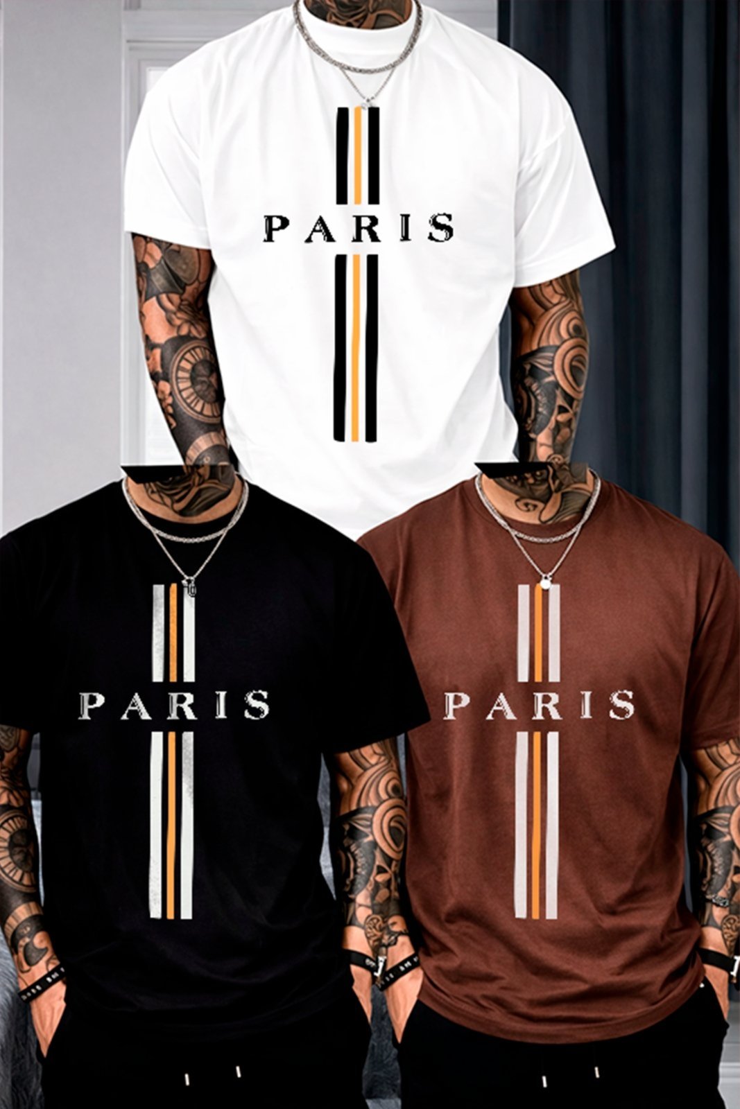 Vista 2 Kit 3 Camisetas Oversized Paris Listras Verticais Street Premium Unissex Algodão Premium ousy branco/marrom/preto ousy branco/marrom/preto
