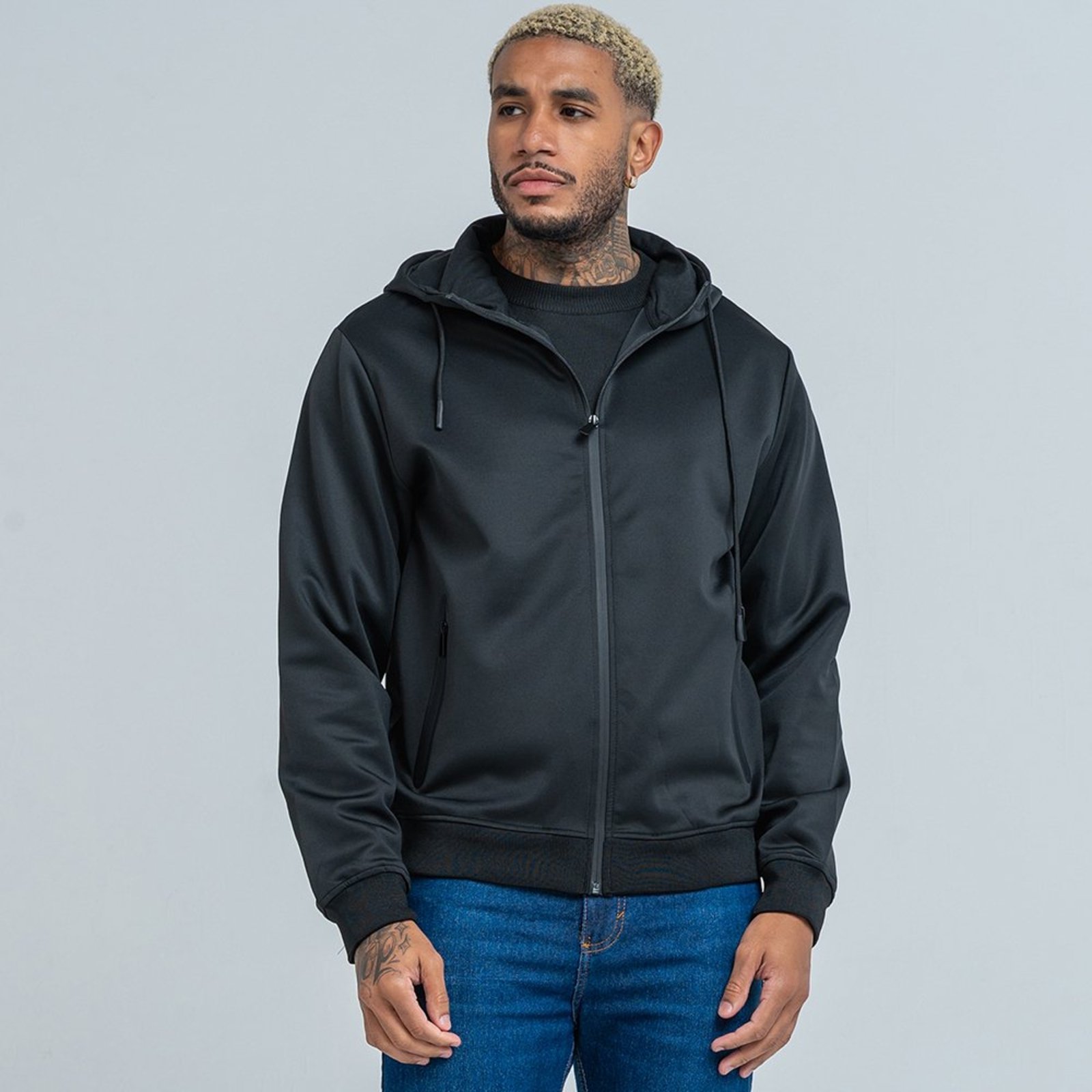 Jaqueta Masculina Com Capuz e Zíper Tecido Premium Preta Preto
