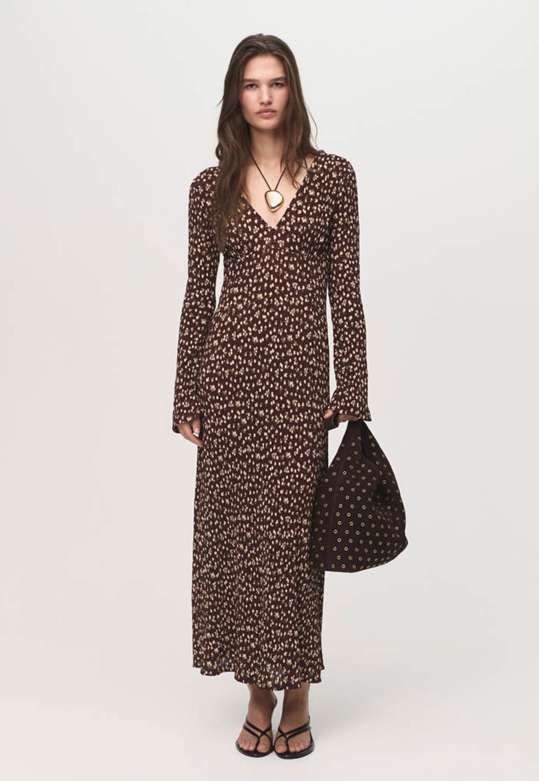 Vestido Feminino Mango Longo Floral Marrom