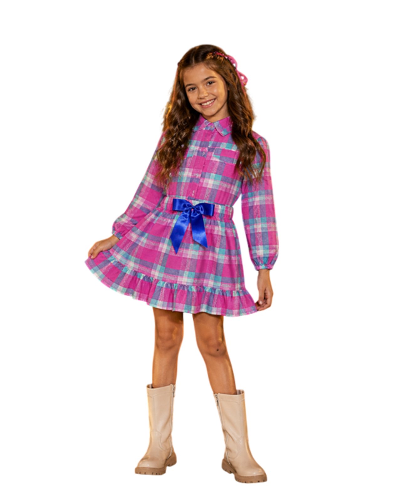 Infantil - Conjunto Vestido Xadrez Manga Longa Festa Junina Rosa Azul Laços Junino Caipira Quadrilha Sinhá