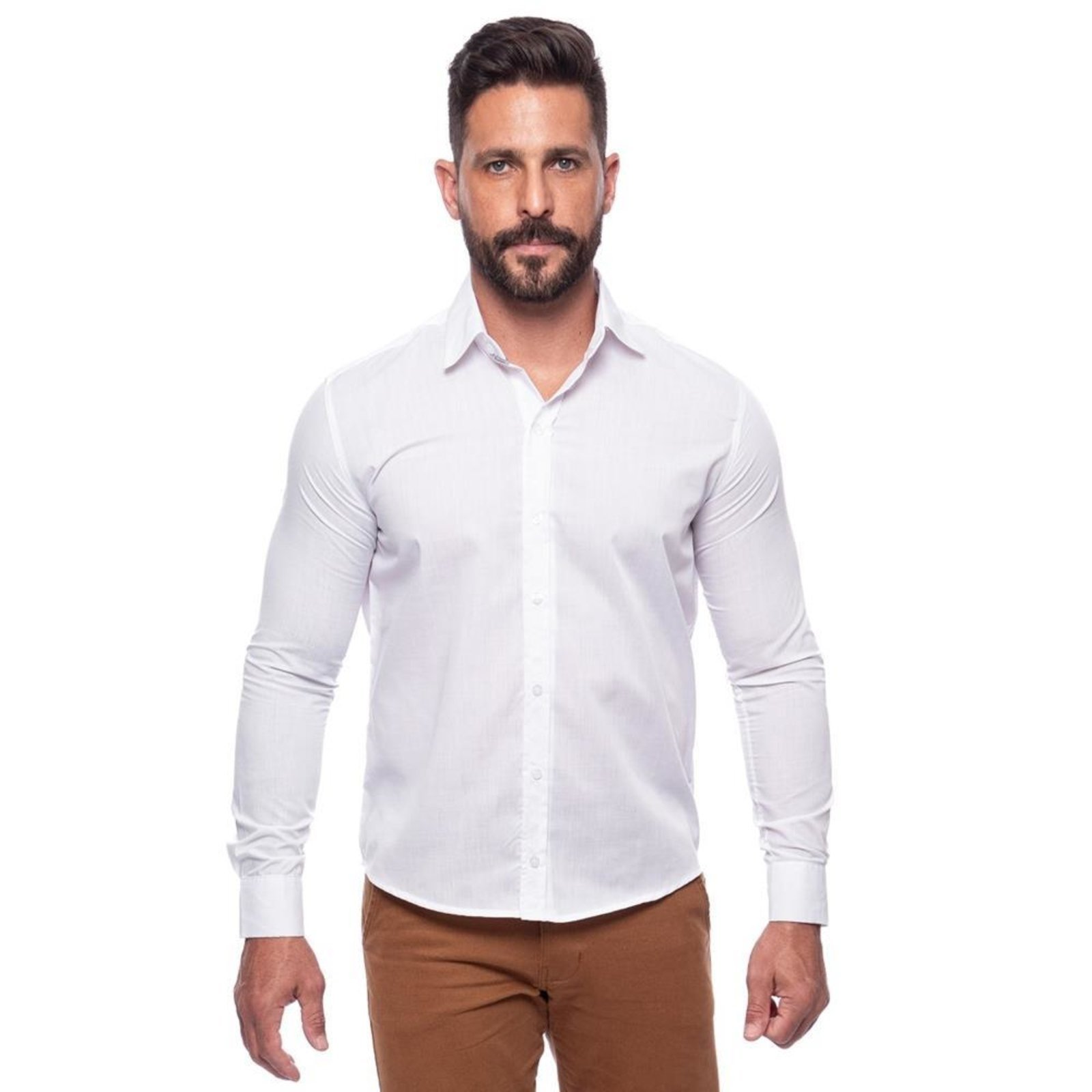 Camisa Social Masculina Slim Manga Longa Lisa Não Amassa Amarelo G Branco