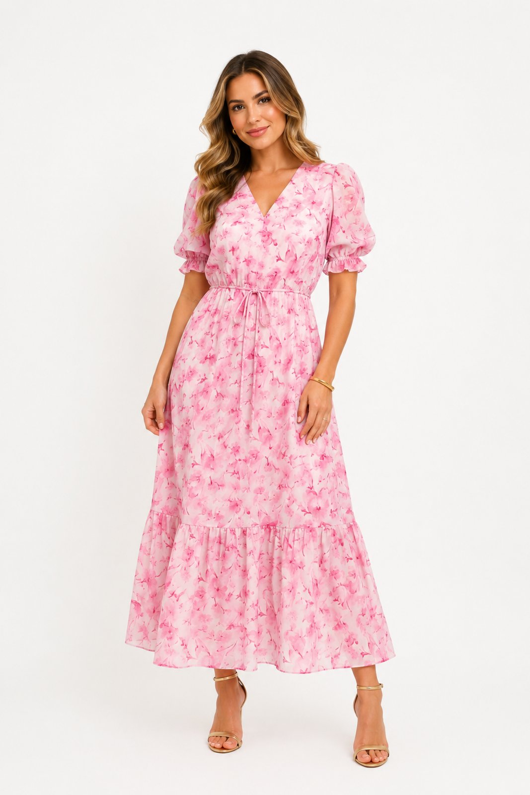 Vestido Midi D Bell Outlet Fashion Crepe Floral Rosa Claro