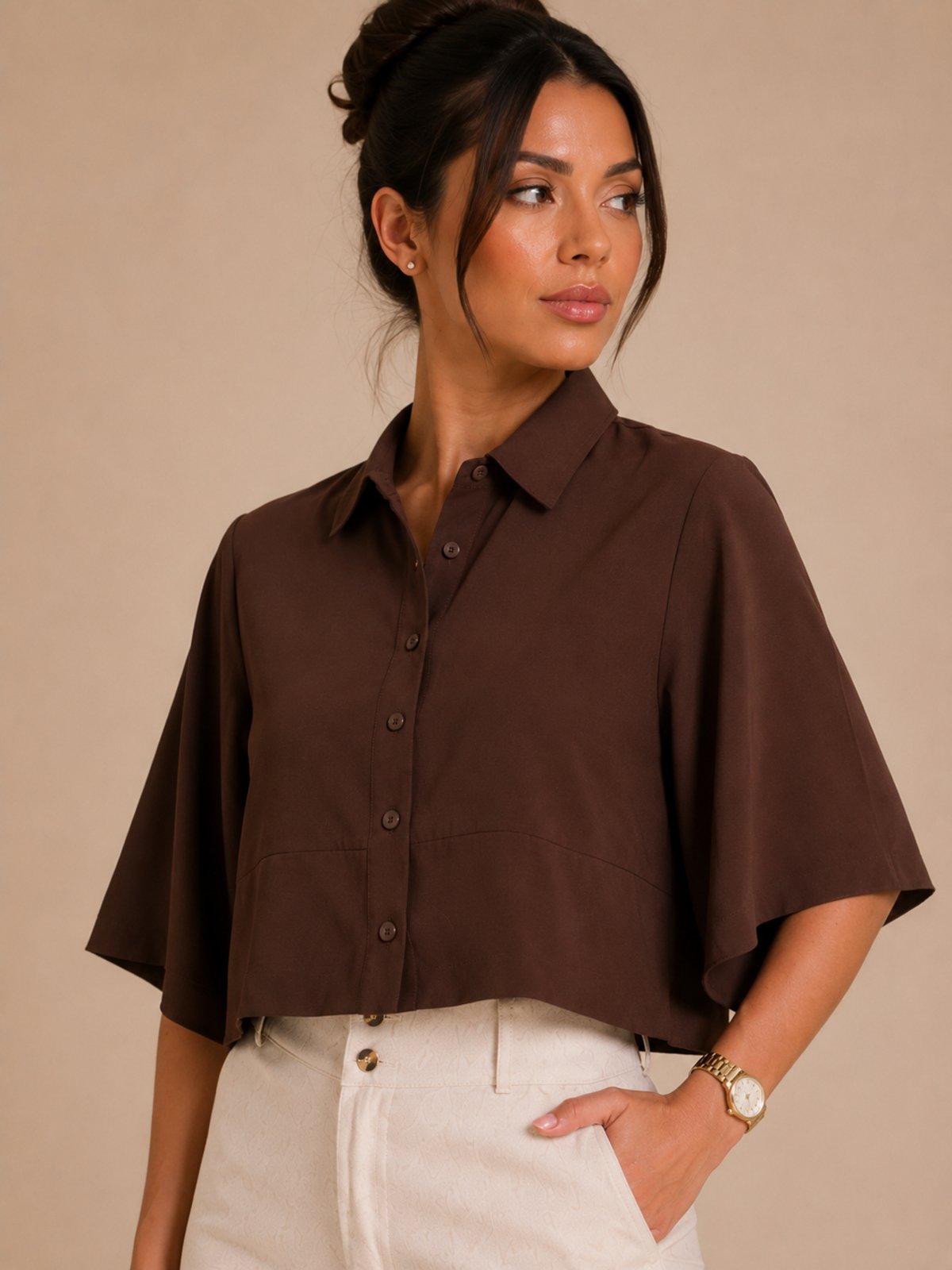 Camisa Feminina Lapetry Cropped Manga Sino Marrom