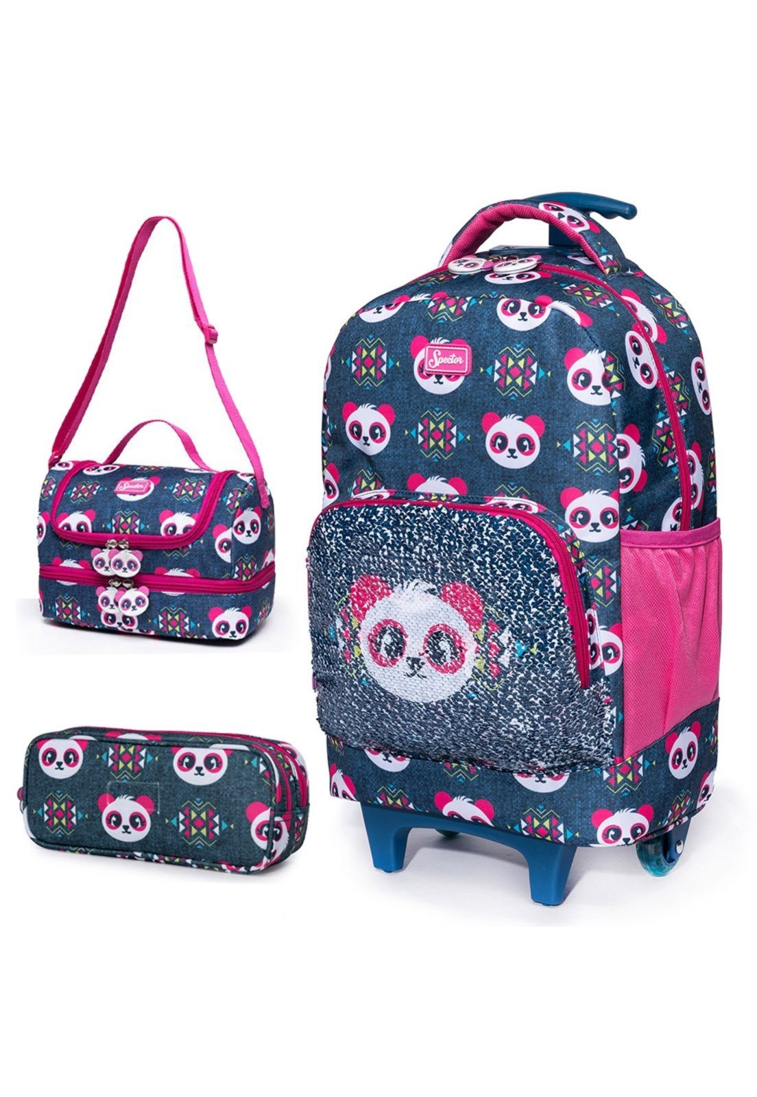 Infantil - Kit Mochila de Rodinha Estojo Lancheira Térmica Panda