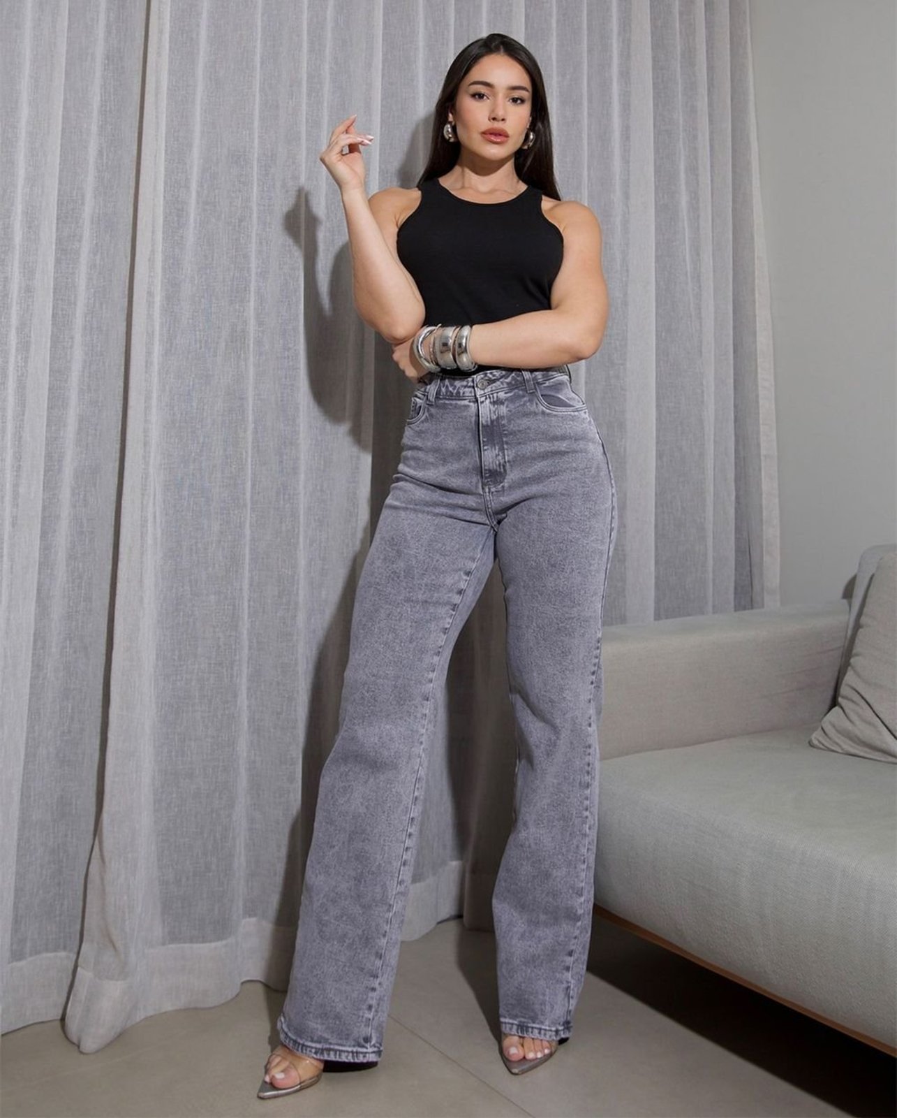 Calça Jeans Wide Leg Feminina Cintura Alta 24726 Cinza Consciência