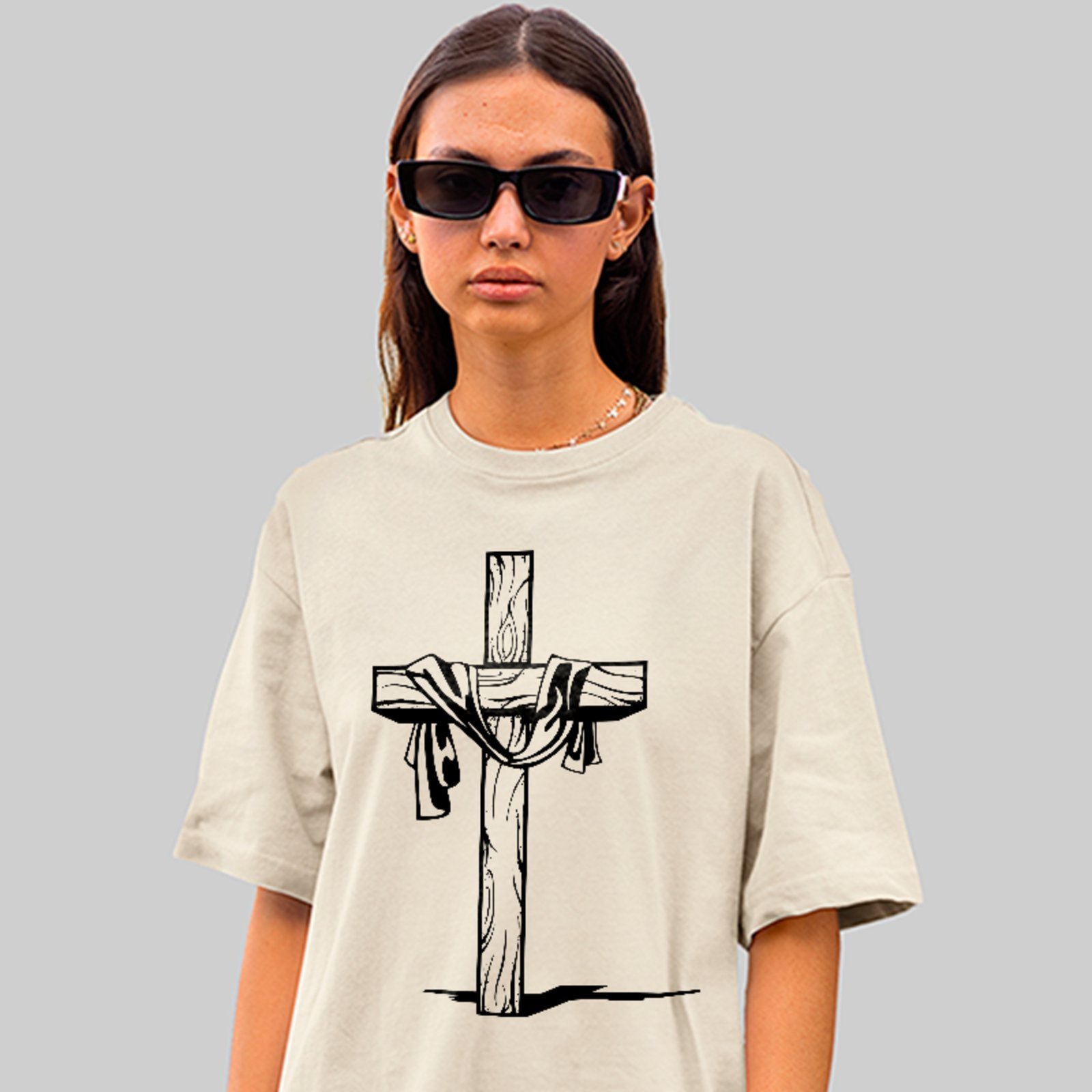 Camiseta Oversized Cruz Cristã Fé Gospel Streetwear Off White