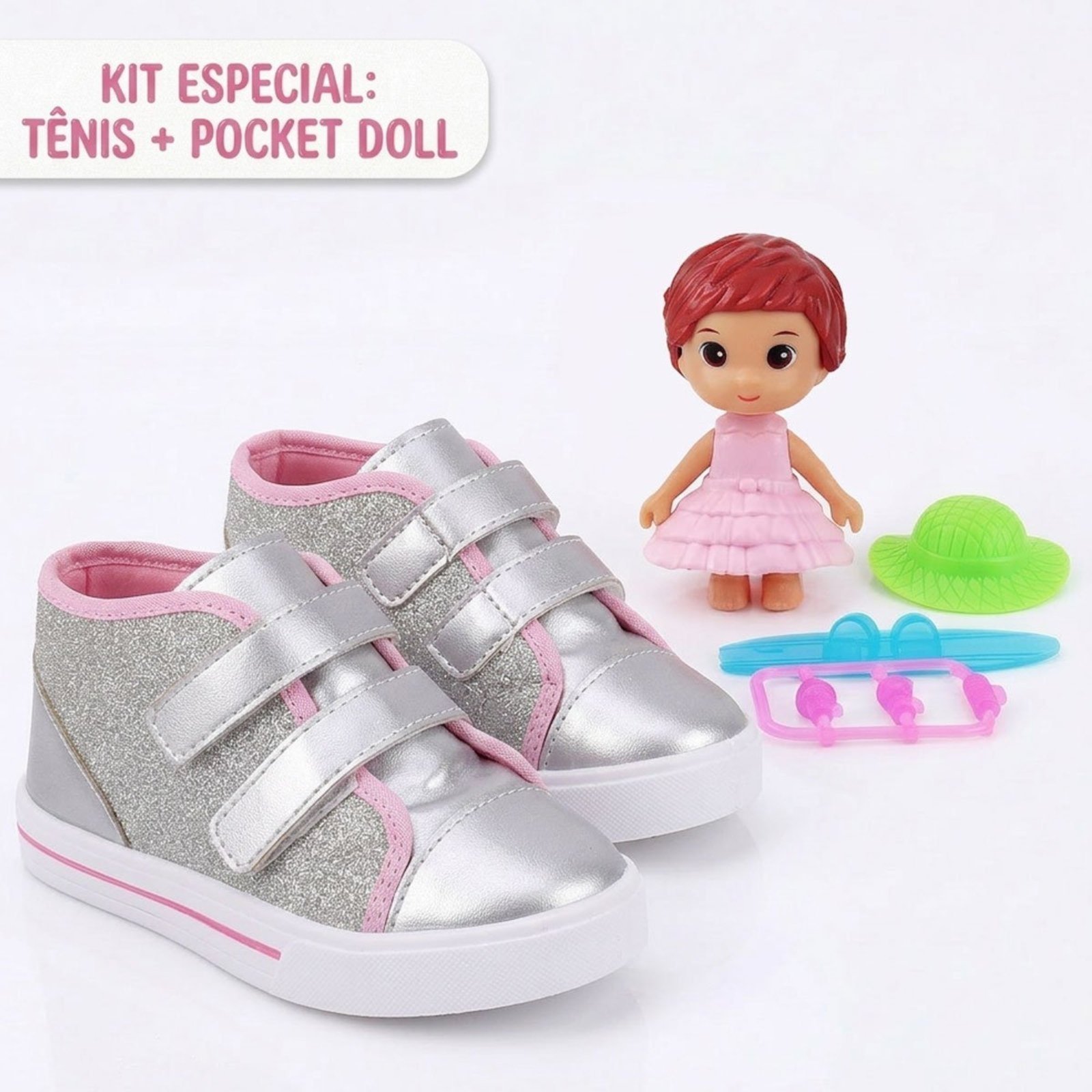 Infantil - Kit Tênis Menina Bee Happy Prata Glitter + Boneca Pocket Doll
