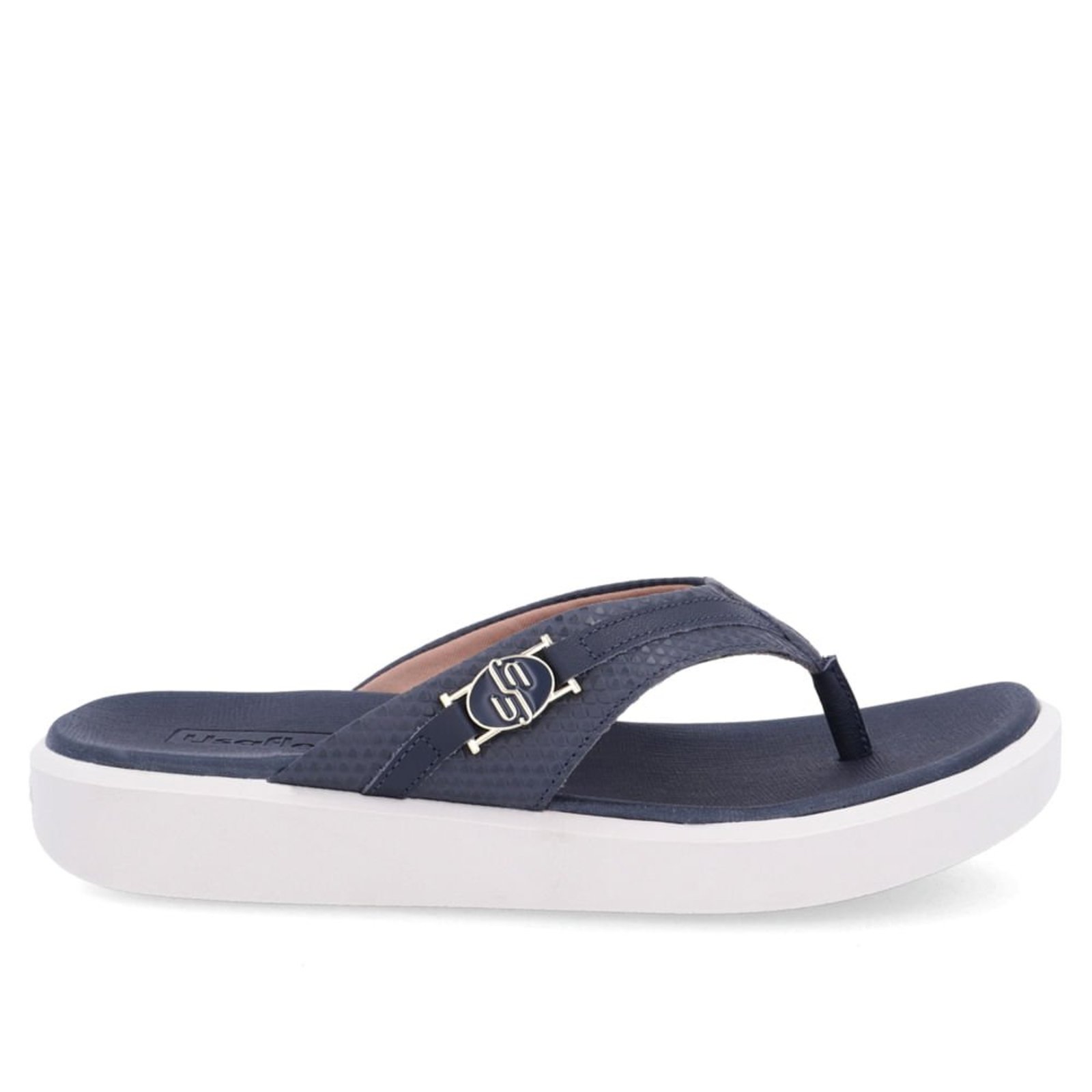 Chinelo Salto Plataforma Couro Azul Detalhe Monograma